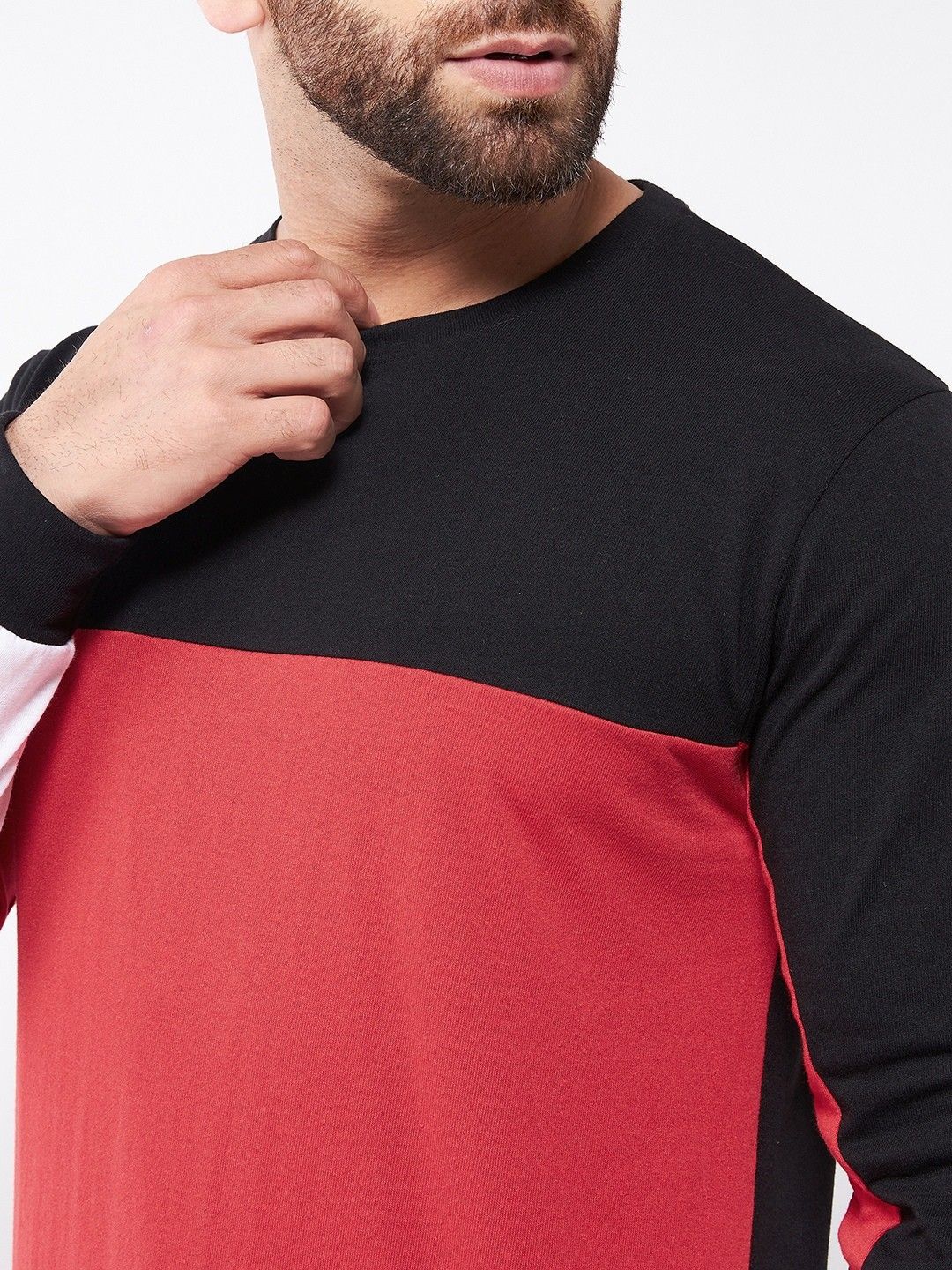 Red Full Sleeve Color Blocked Cotton Oversized T-Shirt
