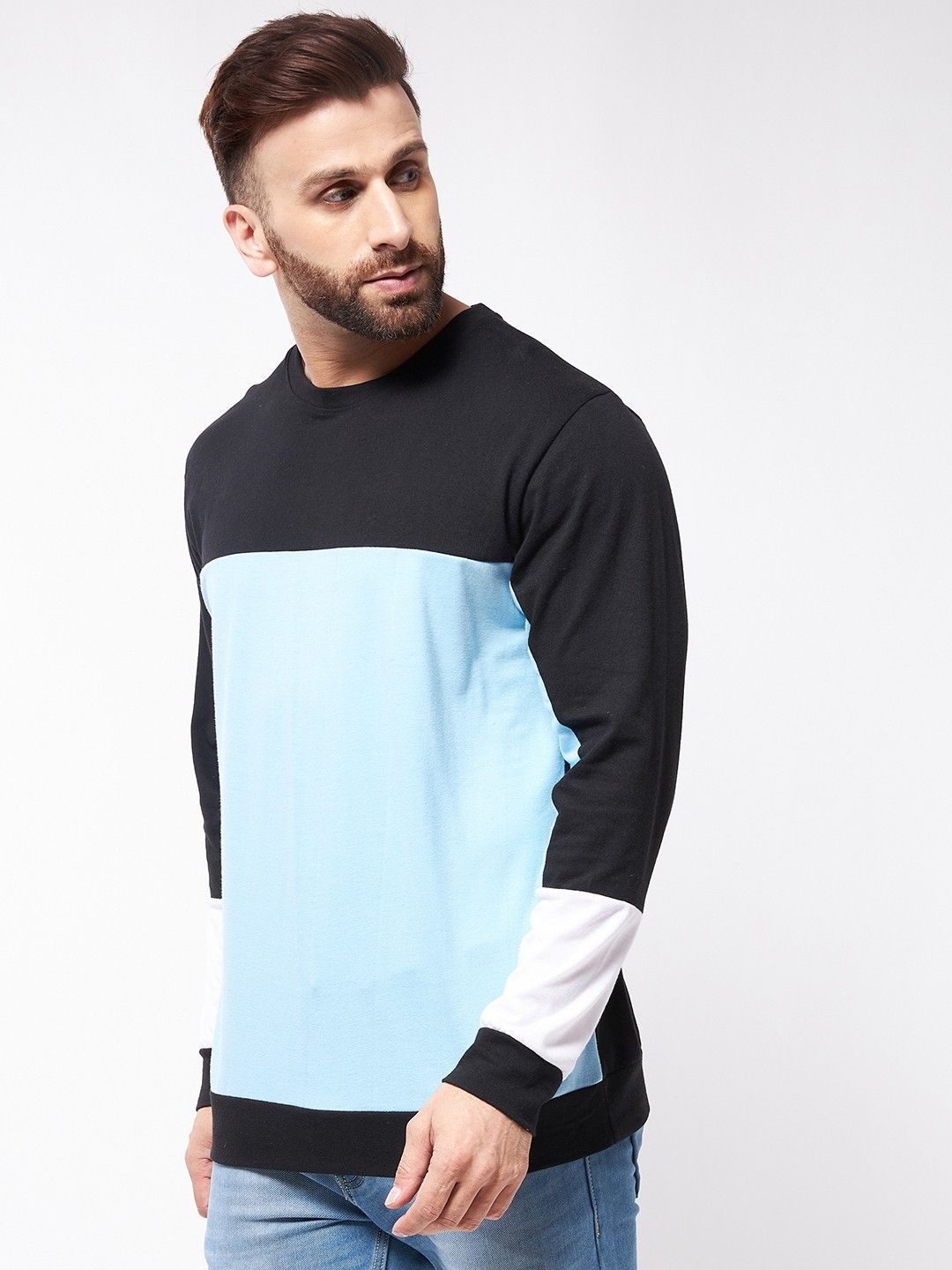 Sky Blue Color Block Full Sleeve Oversized Cotton T-Shirt
