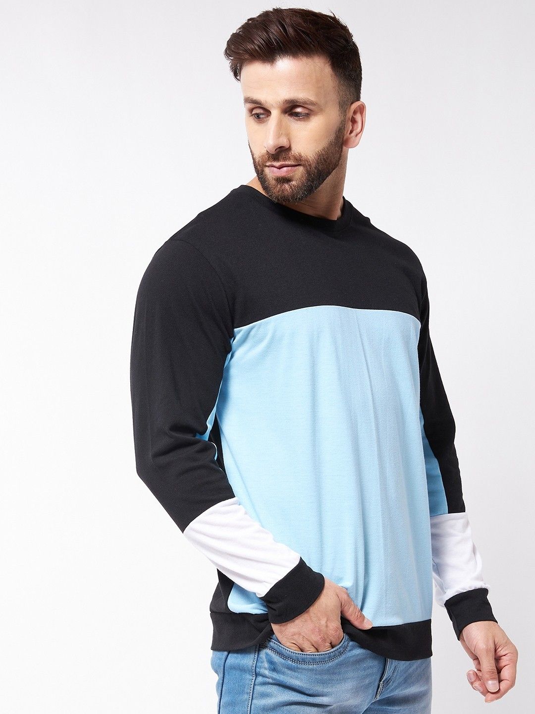 Sky Blue Color Block Full Sleeve Oversized Cotton T-Shirt
