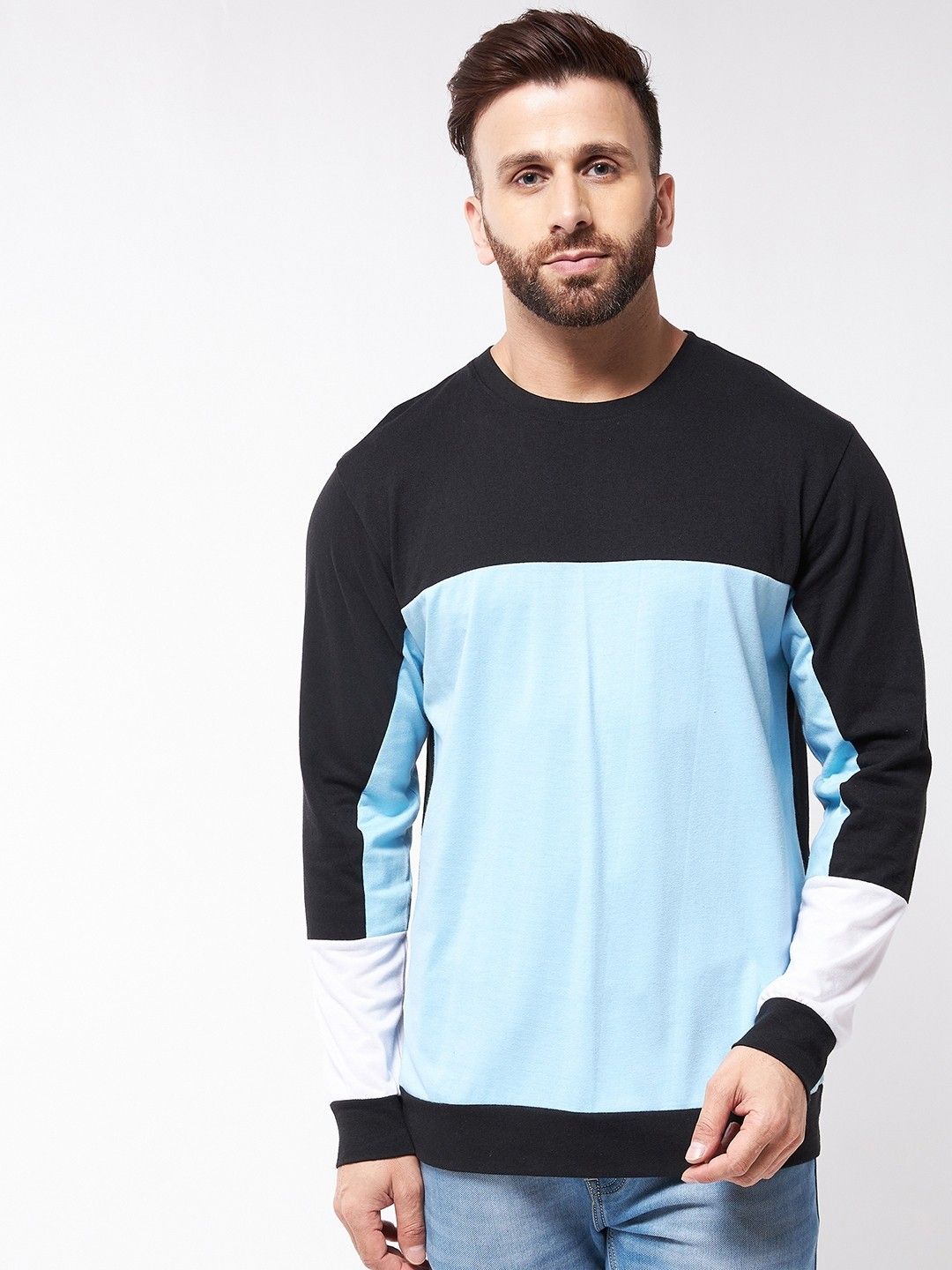 Sky Blue Color Block Full Sleeve Oversized Cotton T-Shirt