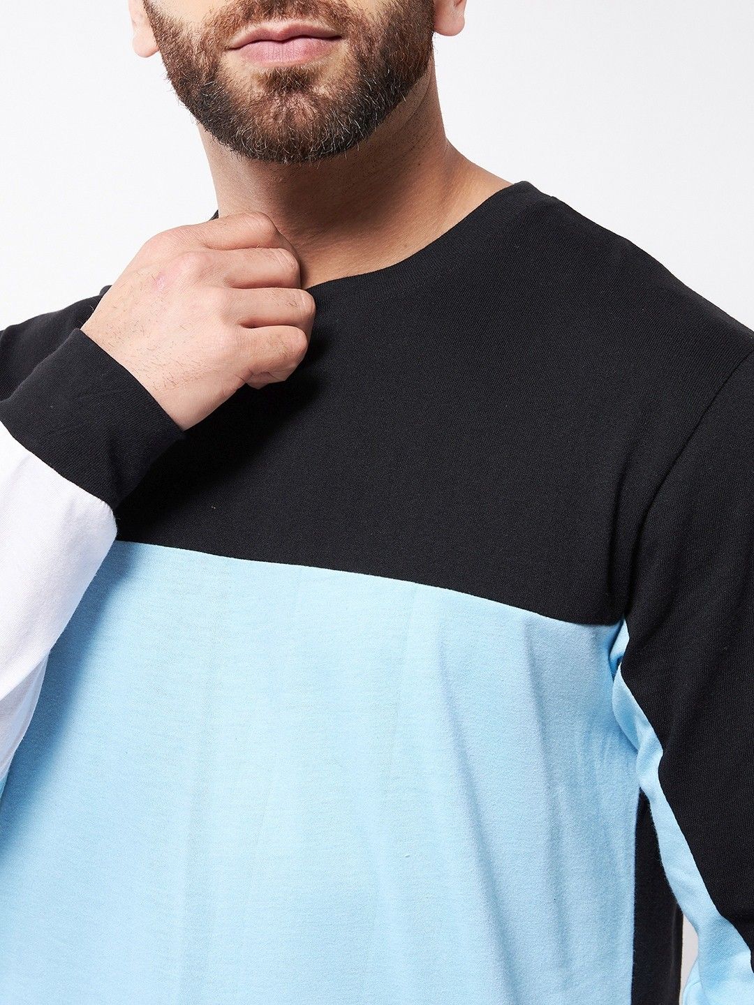 Sky Blue Color Block Full Sleeve Oversized Cotton T-Shirt