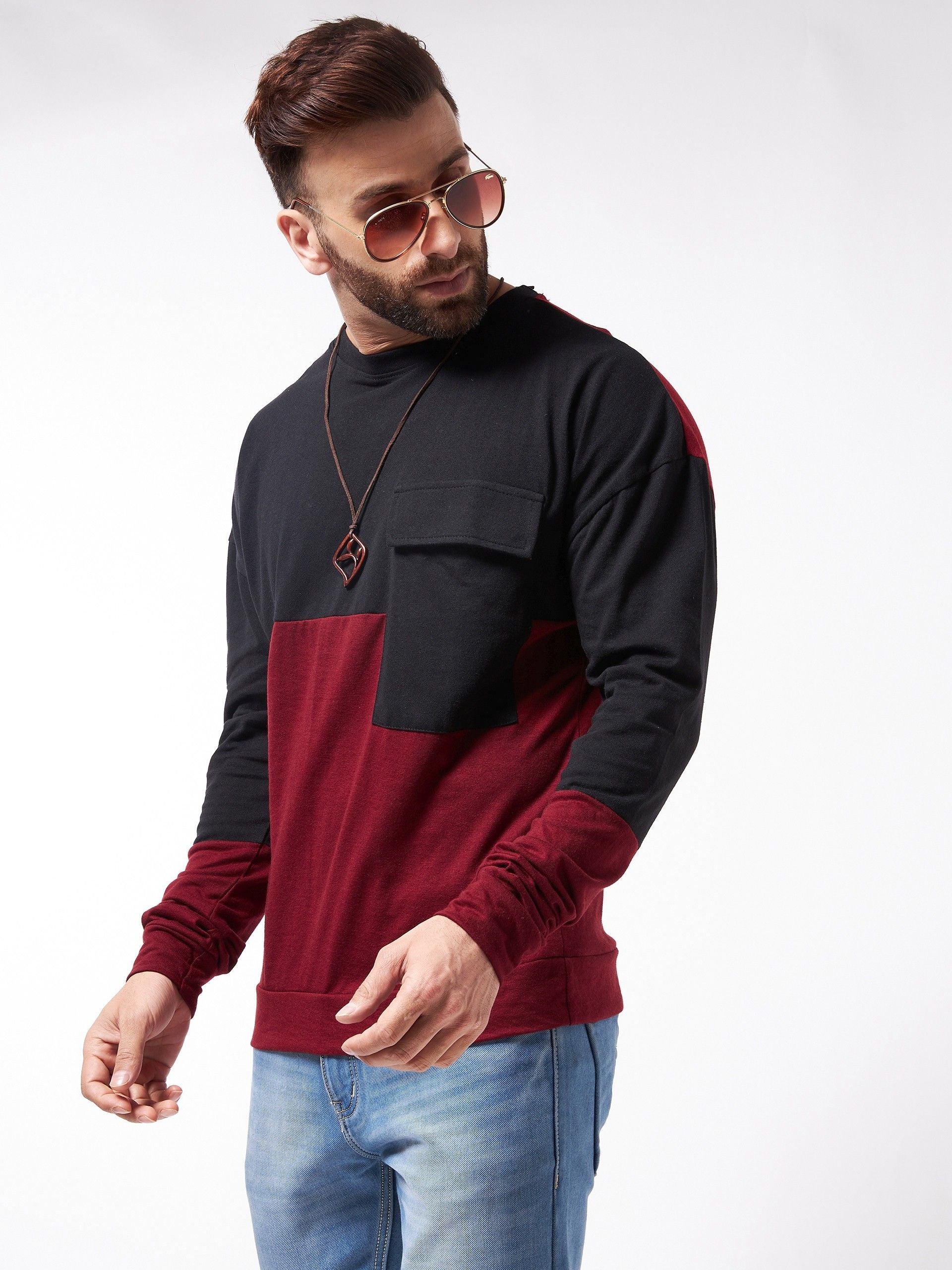 Maroon Black Full Sleeve Cotton Oversized Cotton T-Shirt