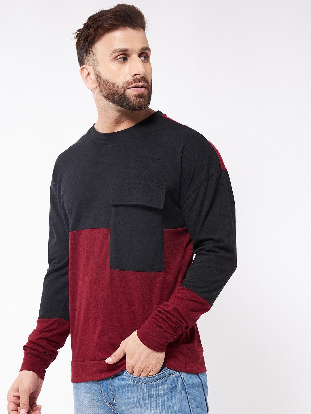 Maroon Black Full Sleeve Cotton Oversized Cotton T-Shirt