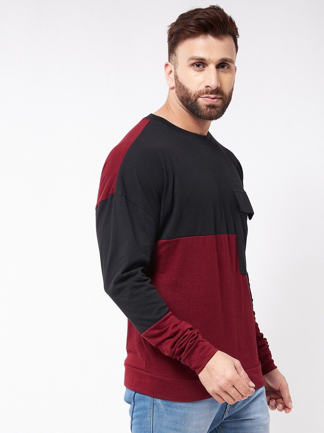 Maroon Black Full Sleeve Cotton Oversized Cotton T-Shirt