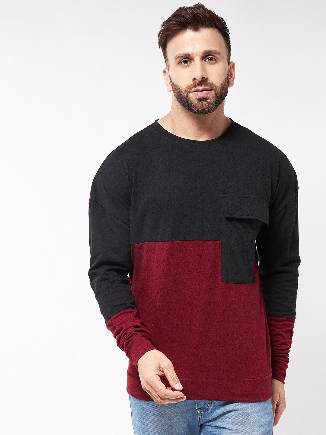 Maroon Black Full Sleeve Cotton Oversized Cotton T-Shirt