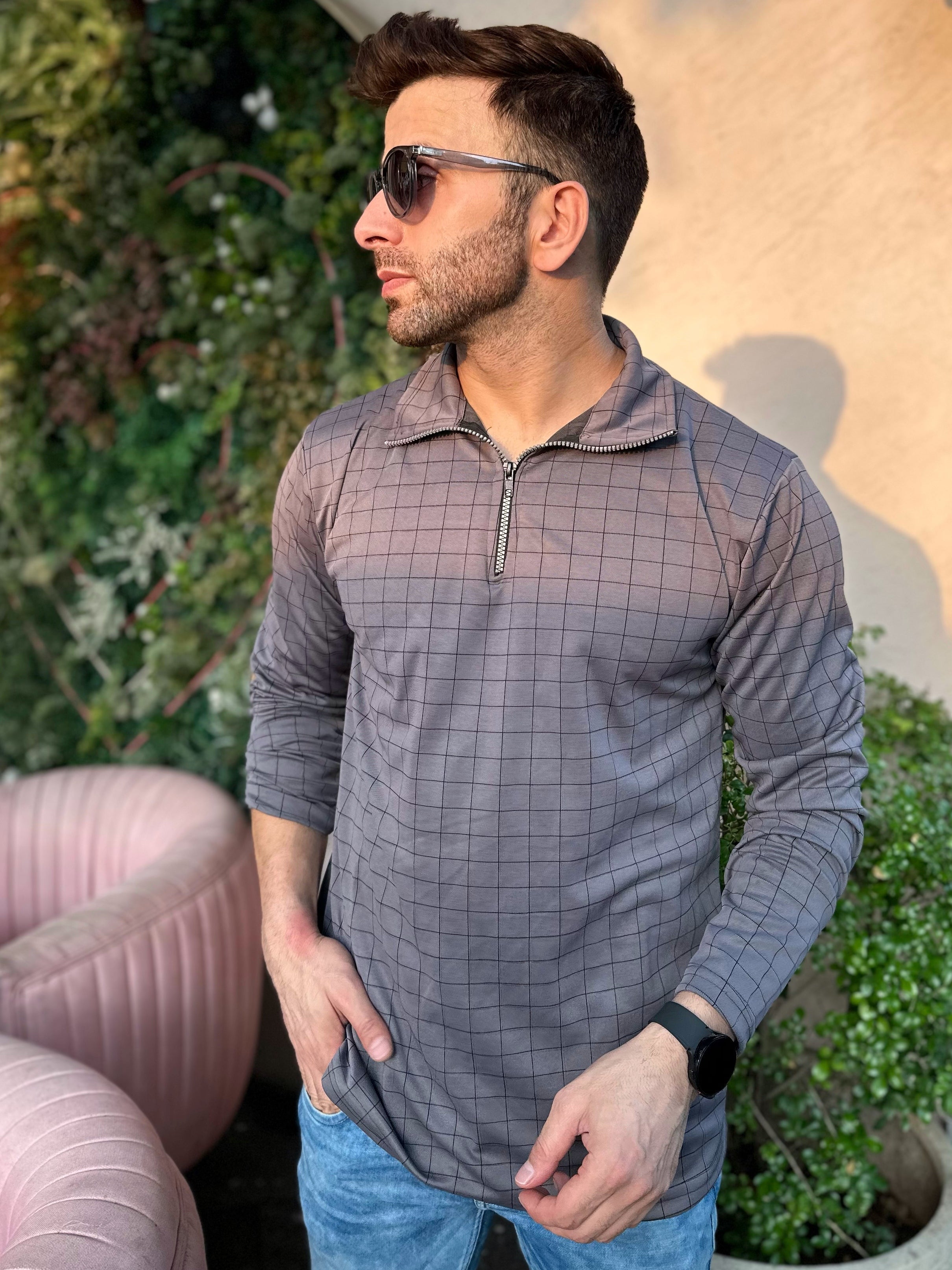 Self Design Steel Grey Zipper T-Shirt