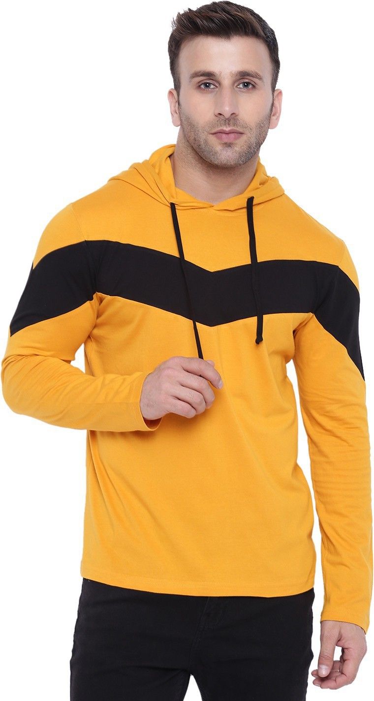 Yellow Full Sleeve Color Blocked Hooded Cotton T-Shirt