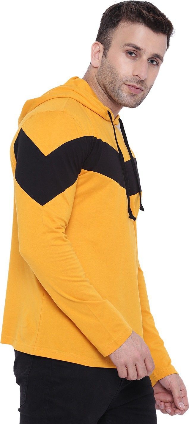 Yellow Full Sleeve Color Blocked Hooded Cotton T-Shirt