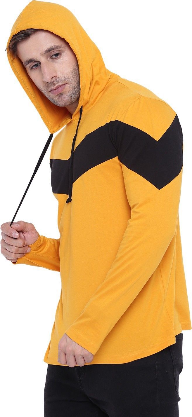 Yellow Full Sleeve Color Blocked Hooded Cotton T-Shirt