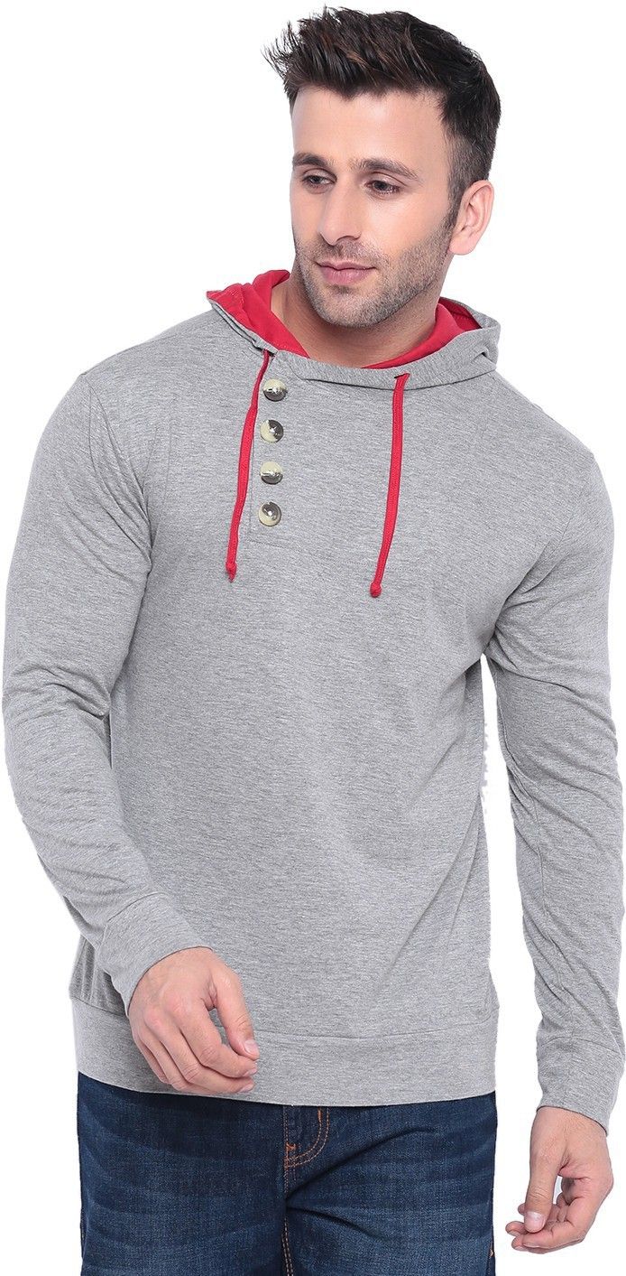 Grey Red Hooded Kangaroo Pocket T-Shirt