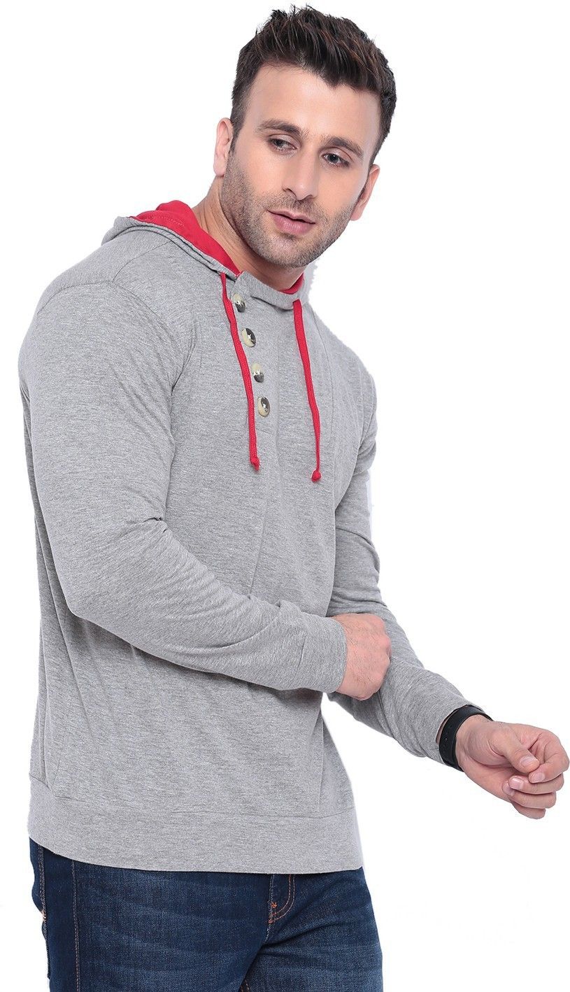 Grey Red Hooded Kangaroo Pocket T-Shirt