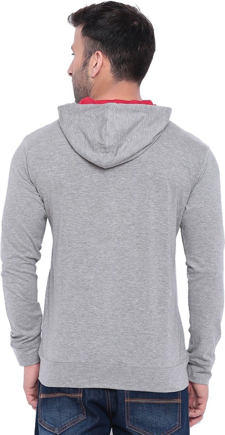 Grey Red Hooded Kangaroo Pocket T-Shirt