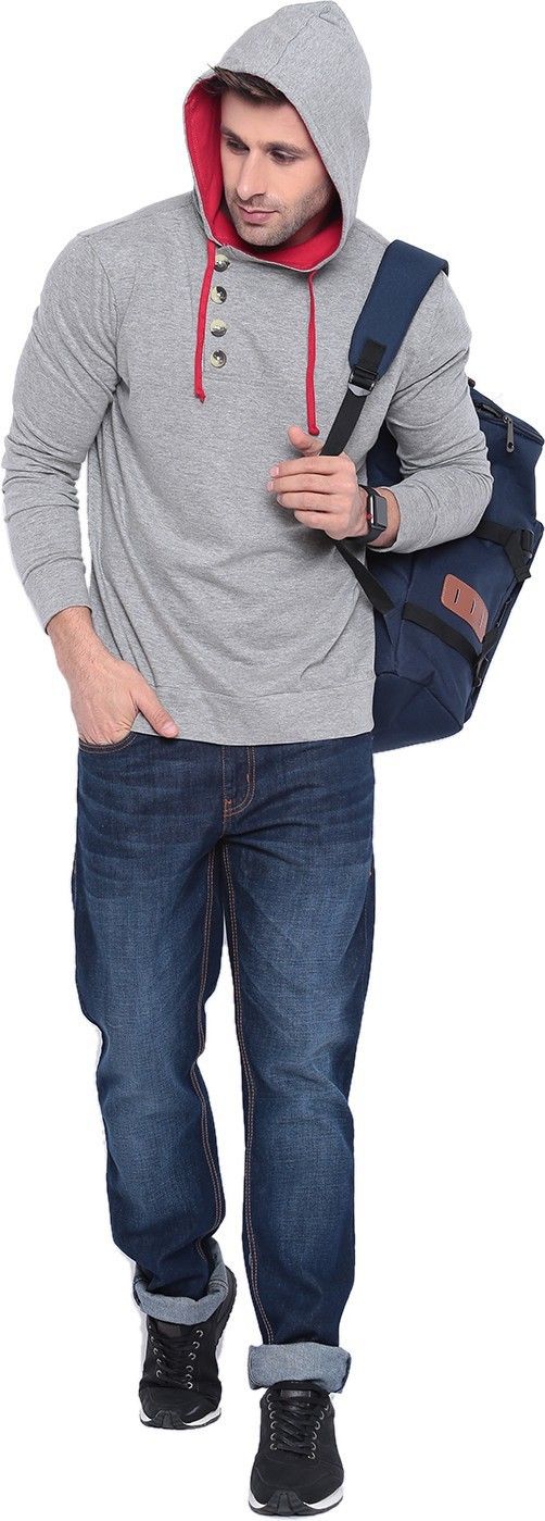 Grey Red Hooded Kangaroo Pocket T-Shirt