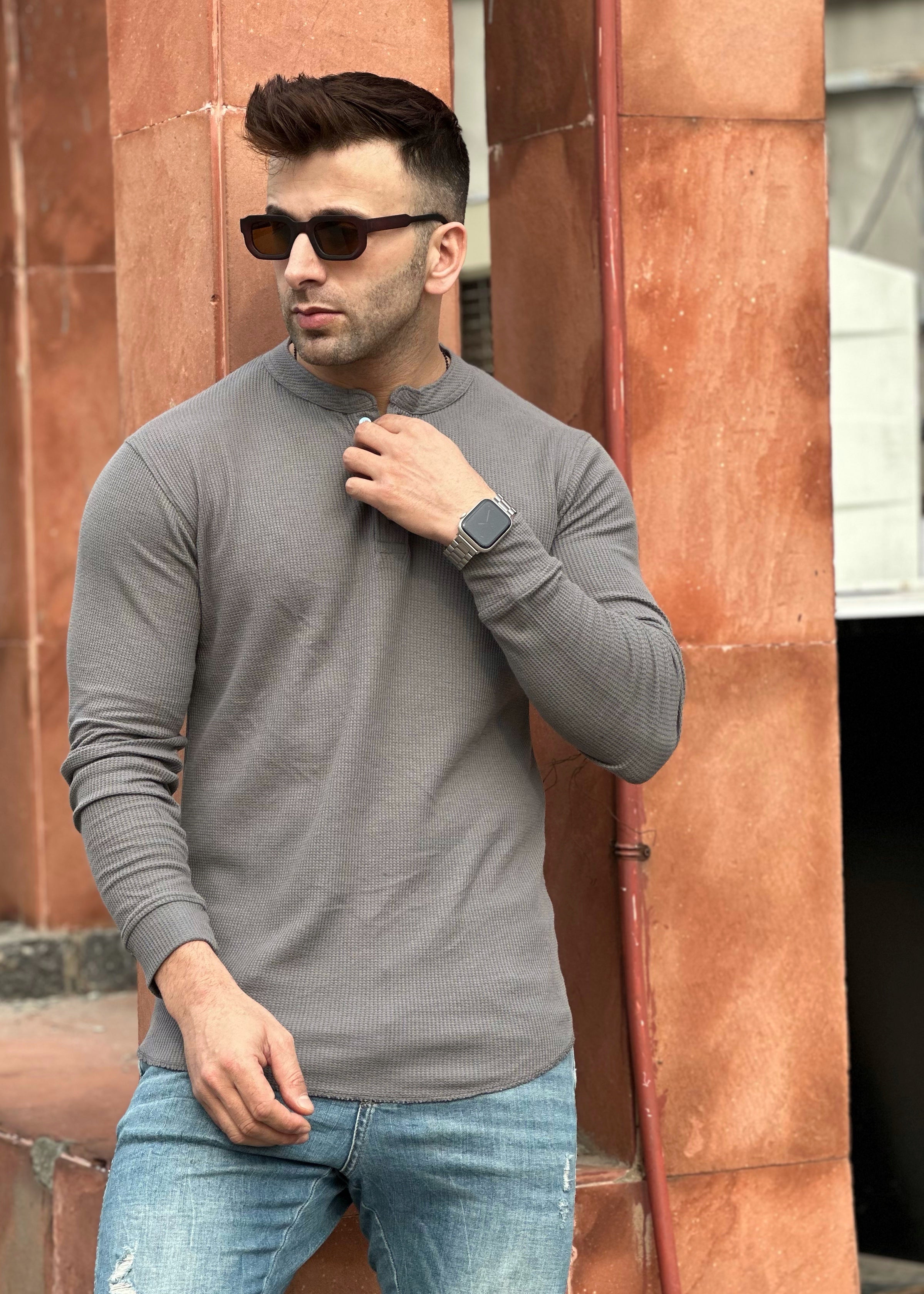 Dark Grey Waffle Knit Henley Neck T-Shirt