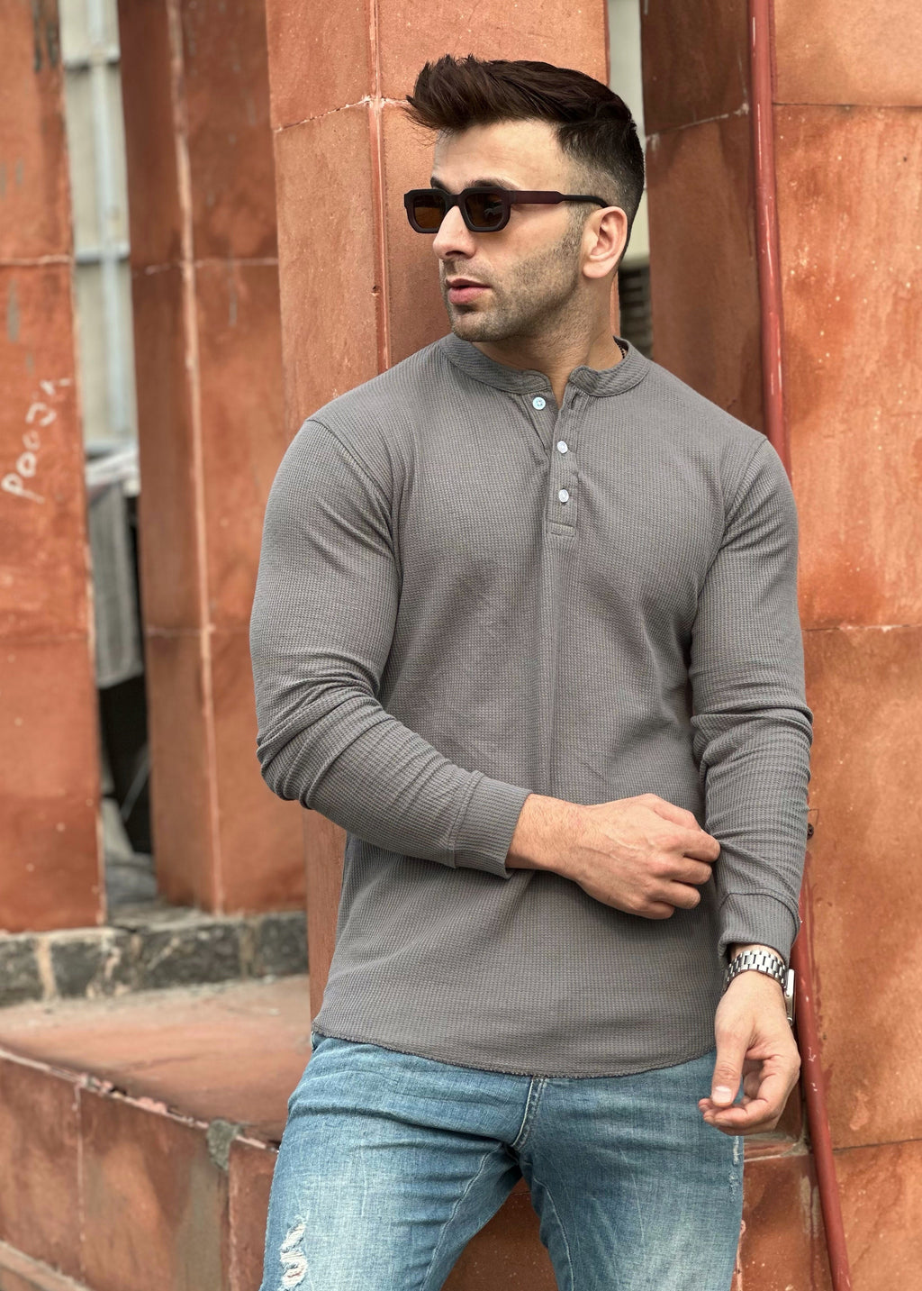 Dark Grey Waffle Knit Henley Neck T-Shirt