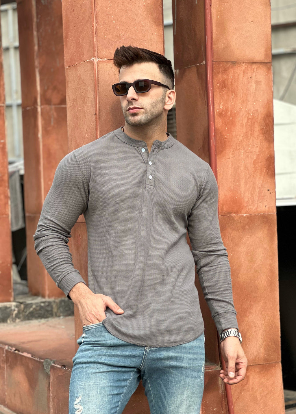 Dark Grey Waffle Knit Henley Neck T-Shirt