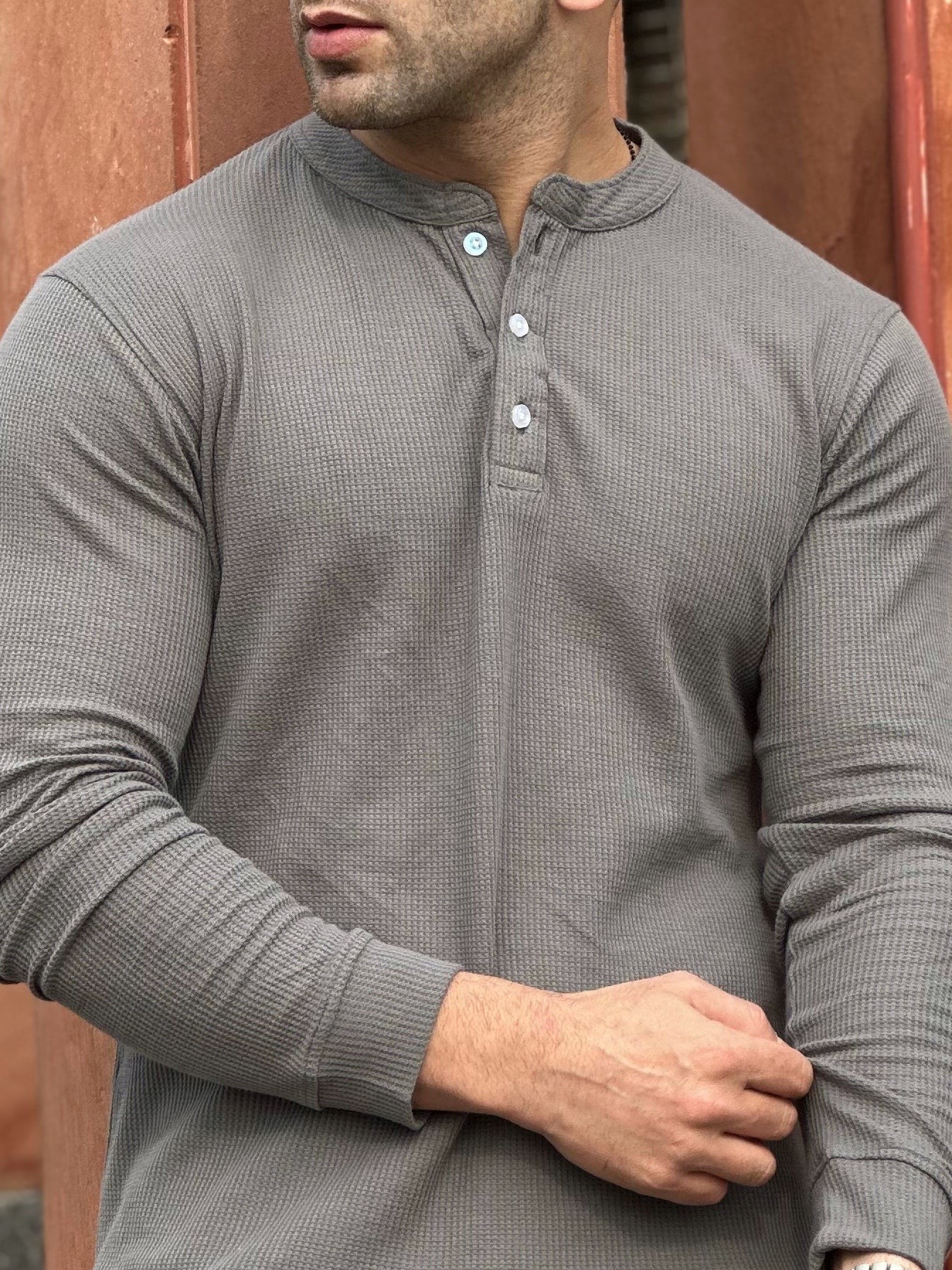 Dark Grey Waffle Knit Henley Neck T-Shirt