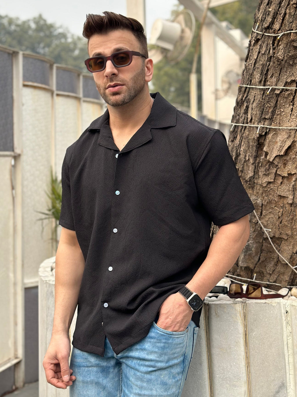 Black Oversized Self Design Shirt