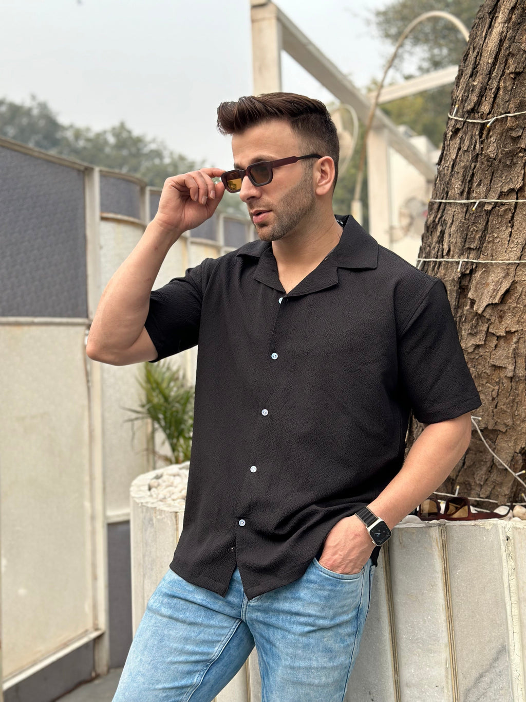 Black Oversized Self Design Shirt