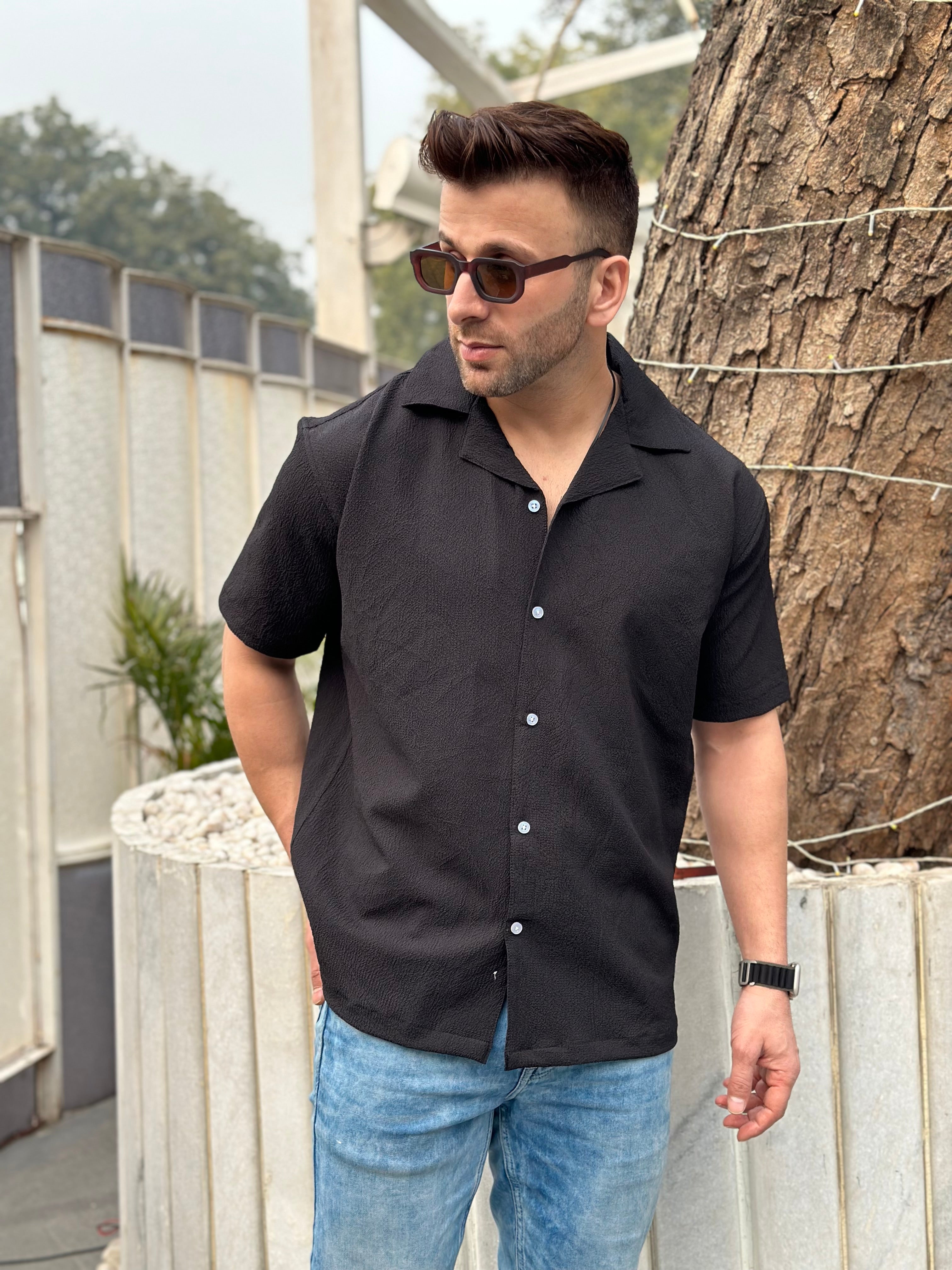 Black Oversized Self Design Shirt