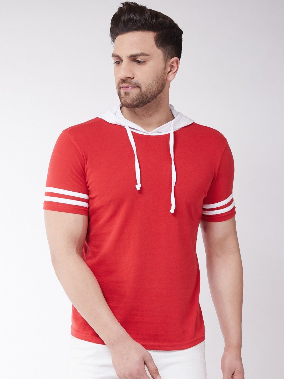 White Red Striped Half Sleeve Hooded T-Shirt