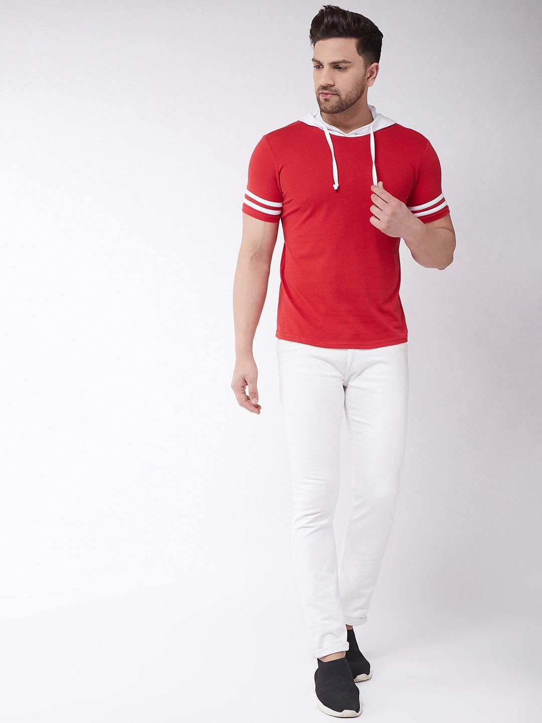 White Red Striped Half Sleeve Hooded T-Shirt