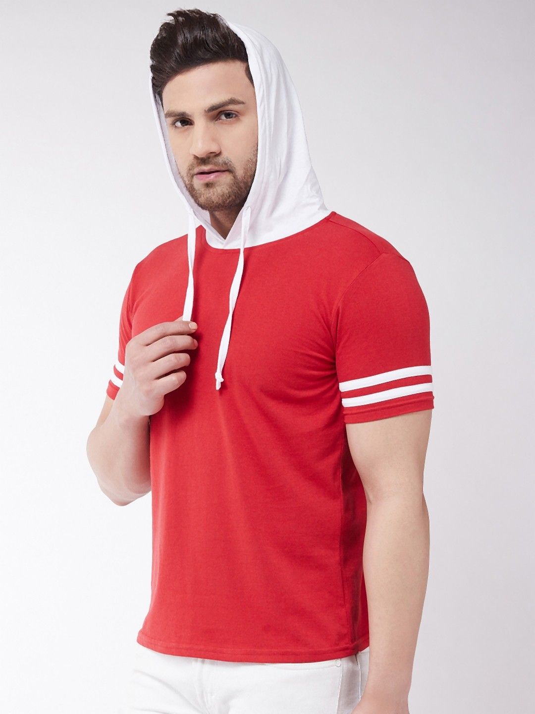 White Red Striped Half Sleeve Hooded T-Shirt