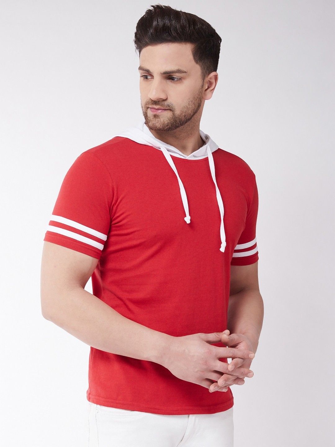 White Red Striped Half Sleeve Hooded T-Shirt