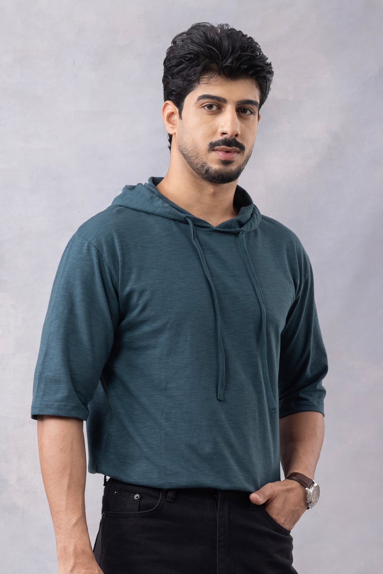 Dark Green Self Design Oversized Hooded T-Shirt