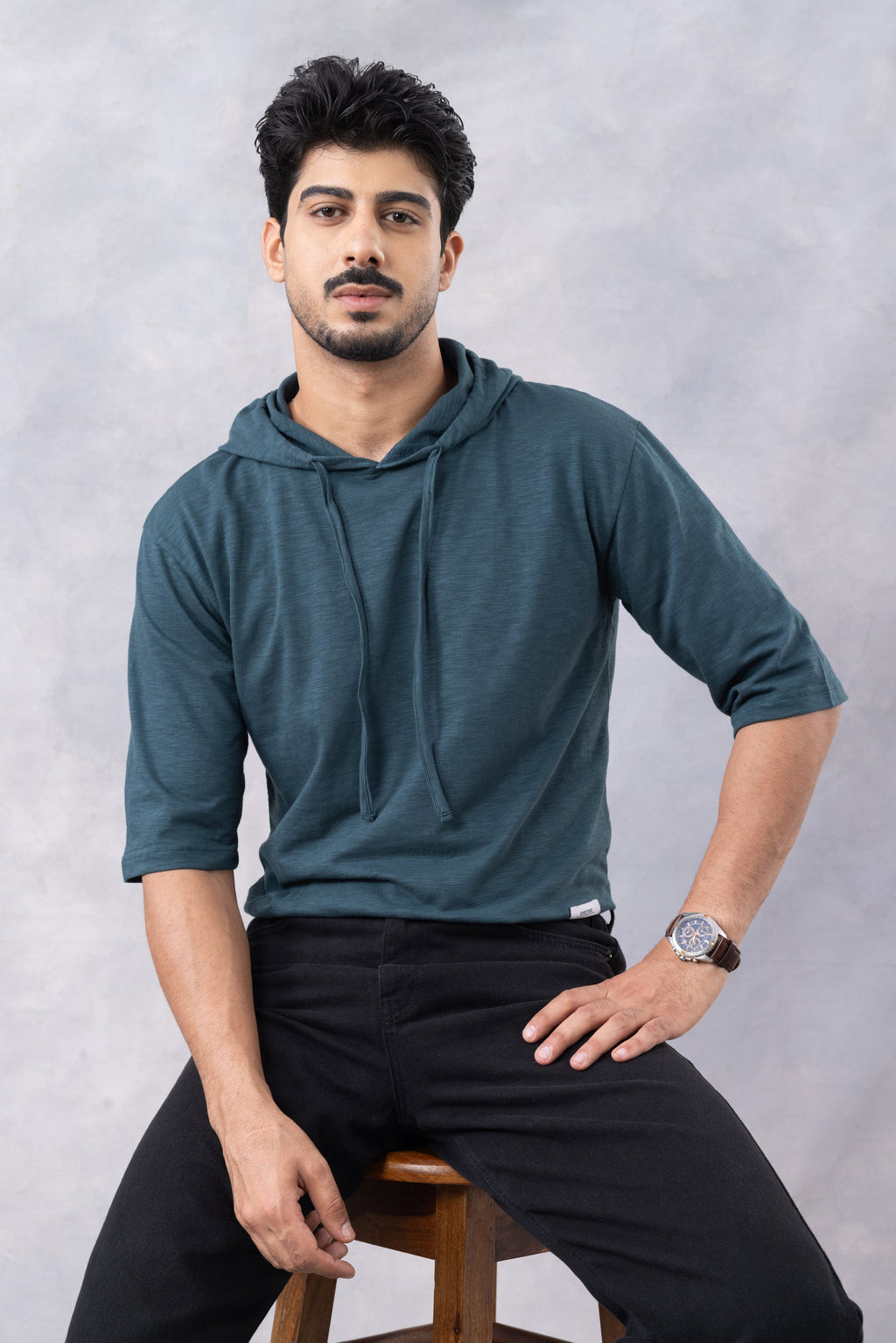 Dark Green Self Design Oversized Hooded T-Shirt