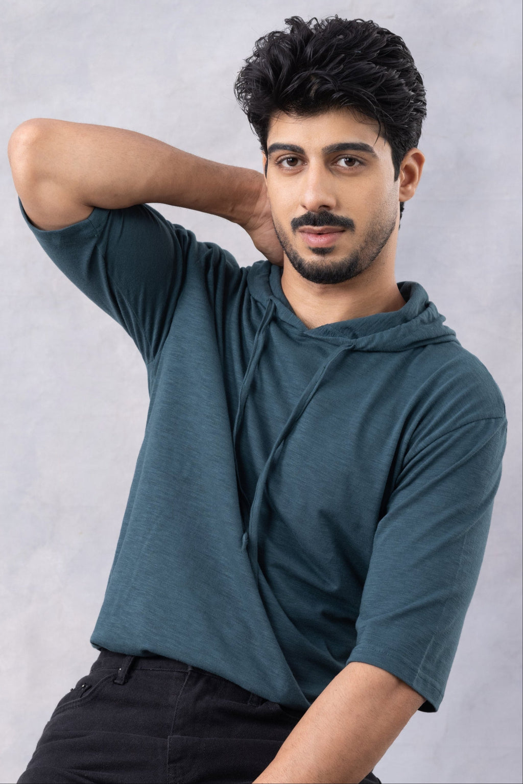 Dark Green Self Design Oversized Hooded T-Shirt