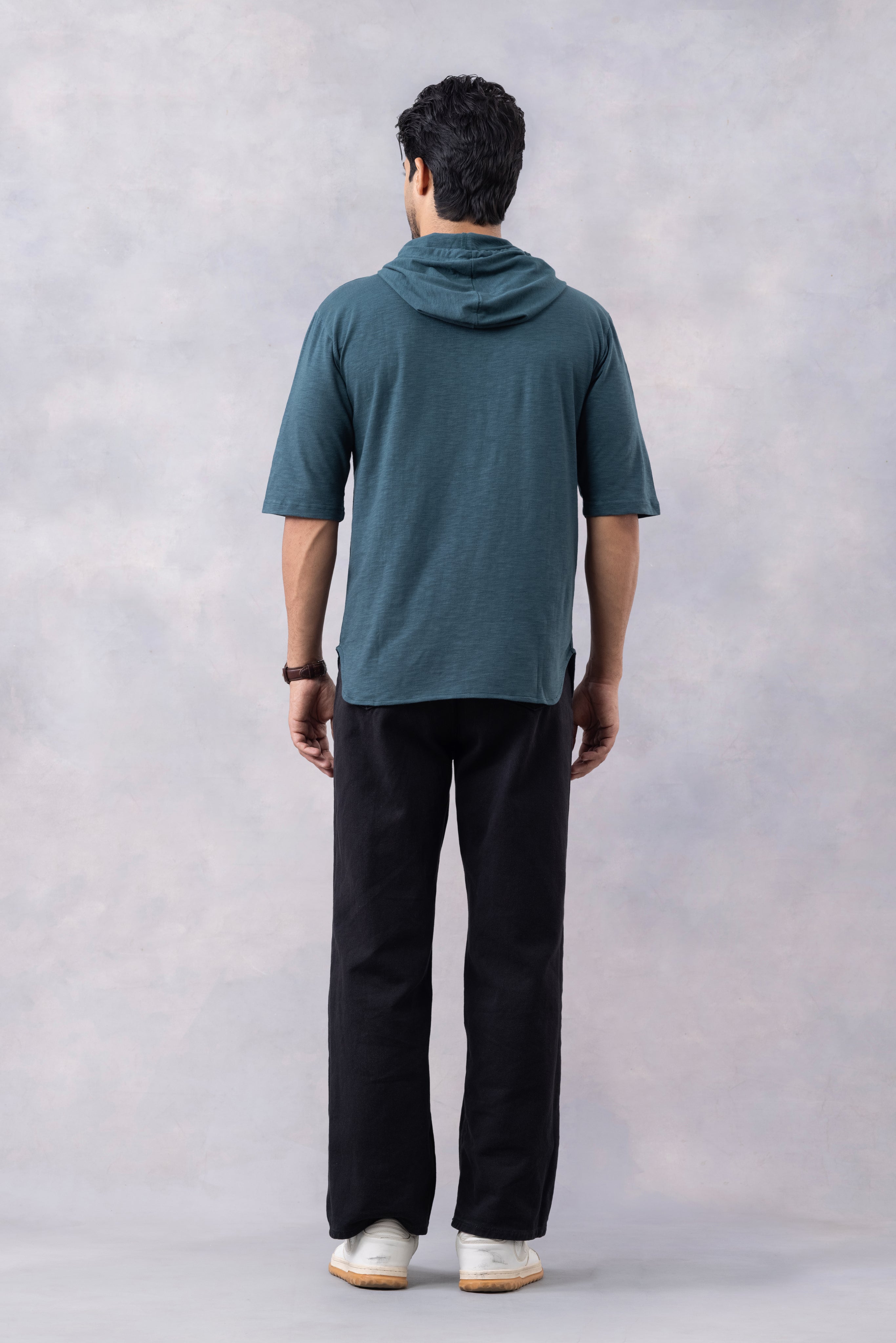 Dark Green Self Design Oversized Hooded T-Shirt