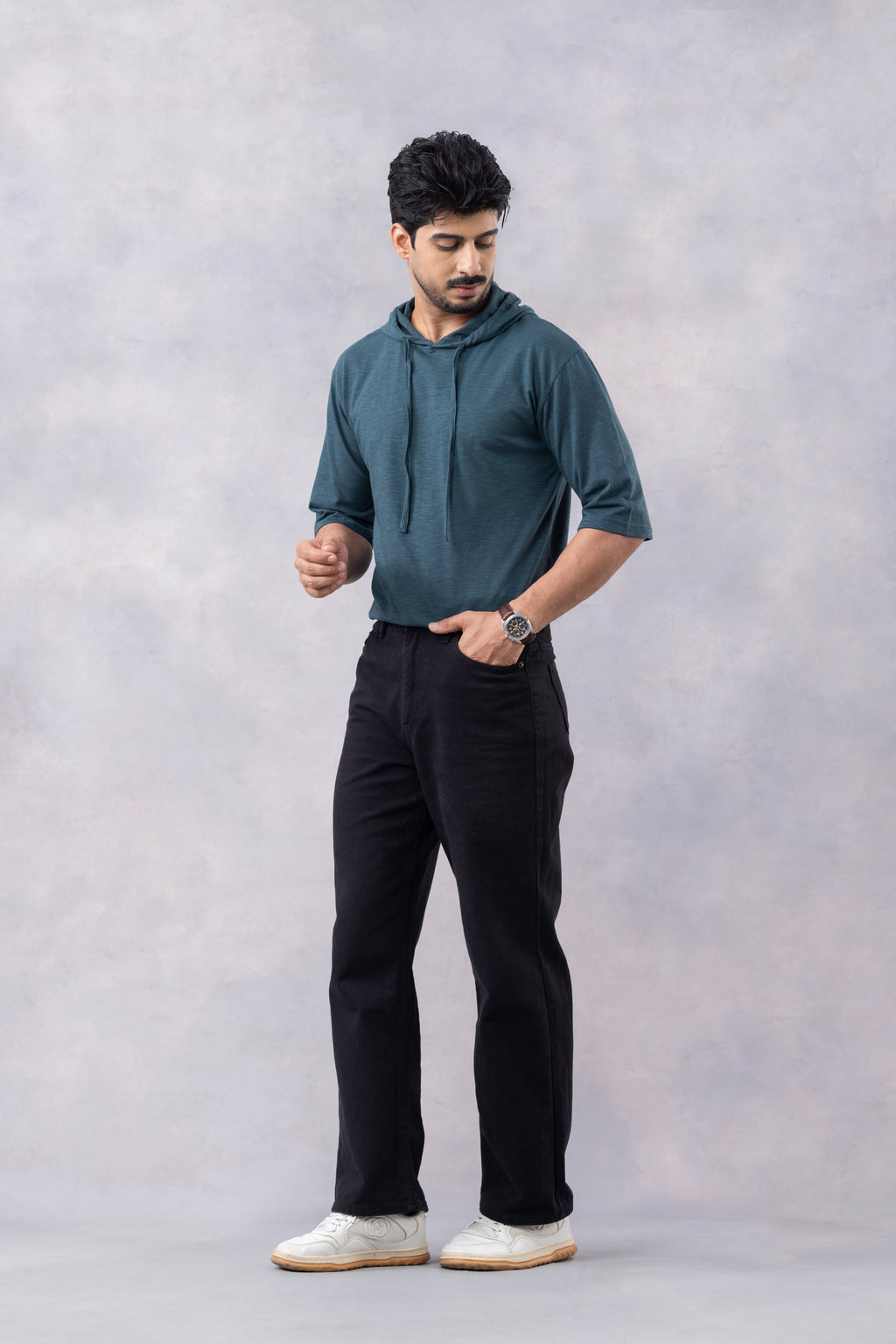 Dark Green Self Design Oversized Hooded T-Shirt