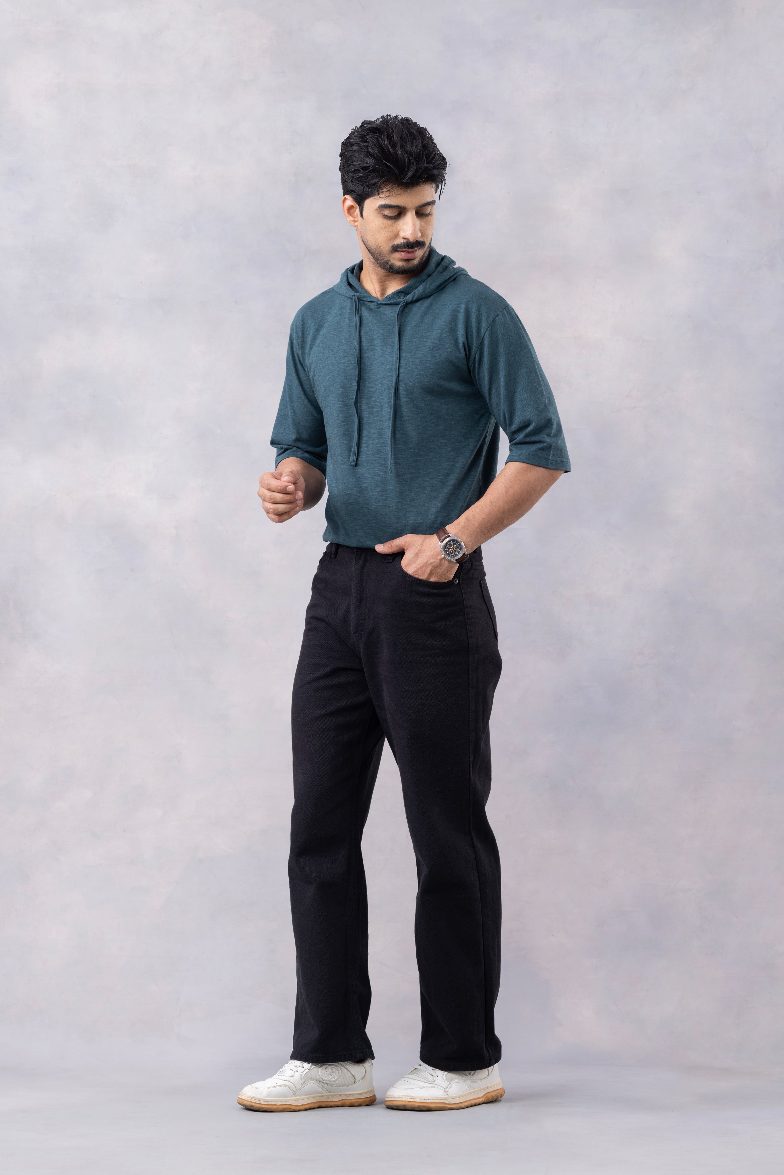 Dark Green Self Design Oversized Hooded T-Shirt