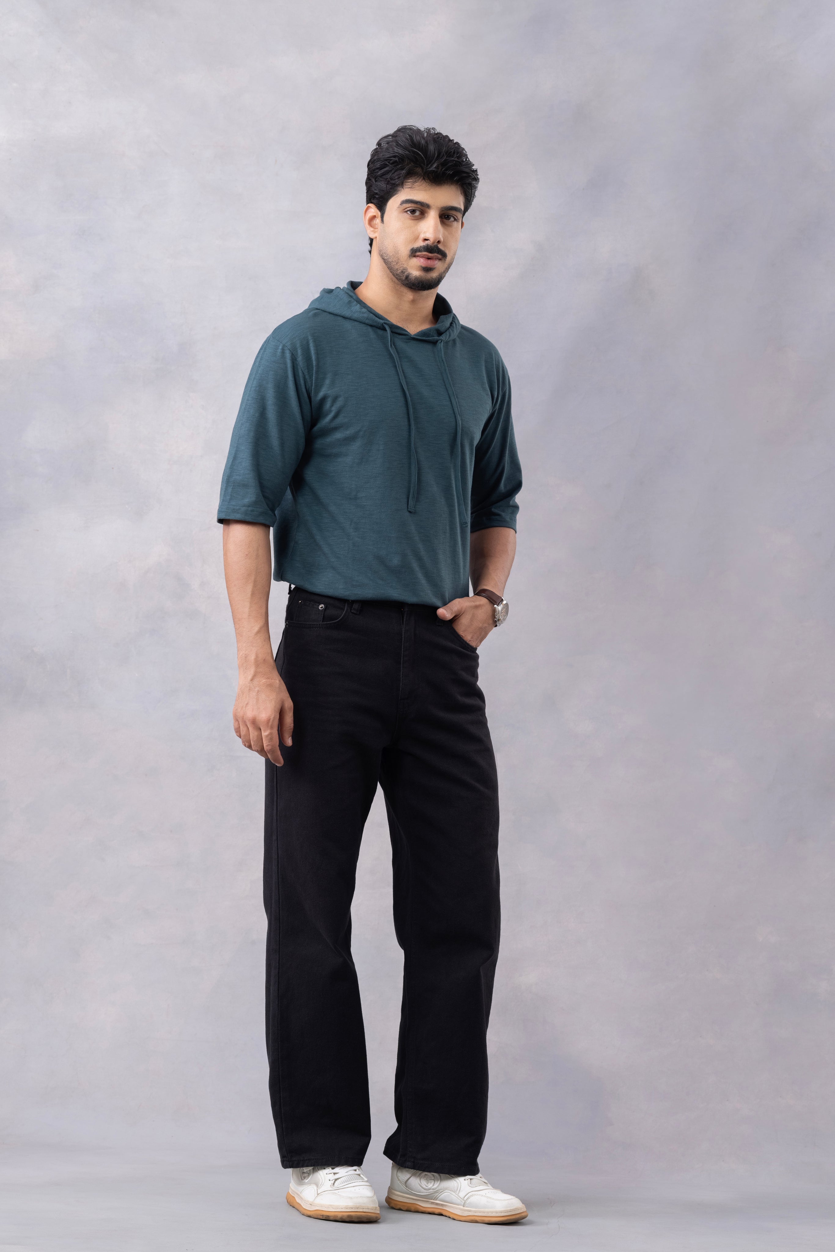 Dark Green Self Design Oversized Hooded T-Shirt