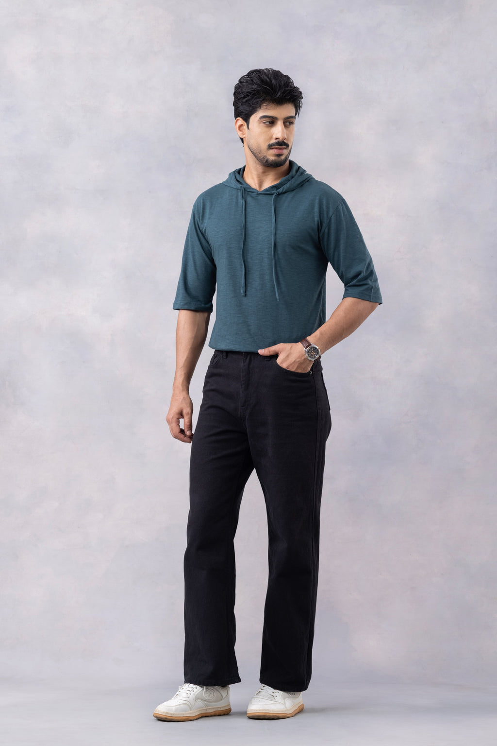 Dark Green Self Design Oversized Hooded T-Shirt