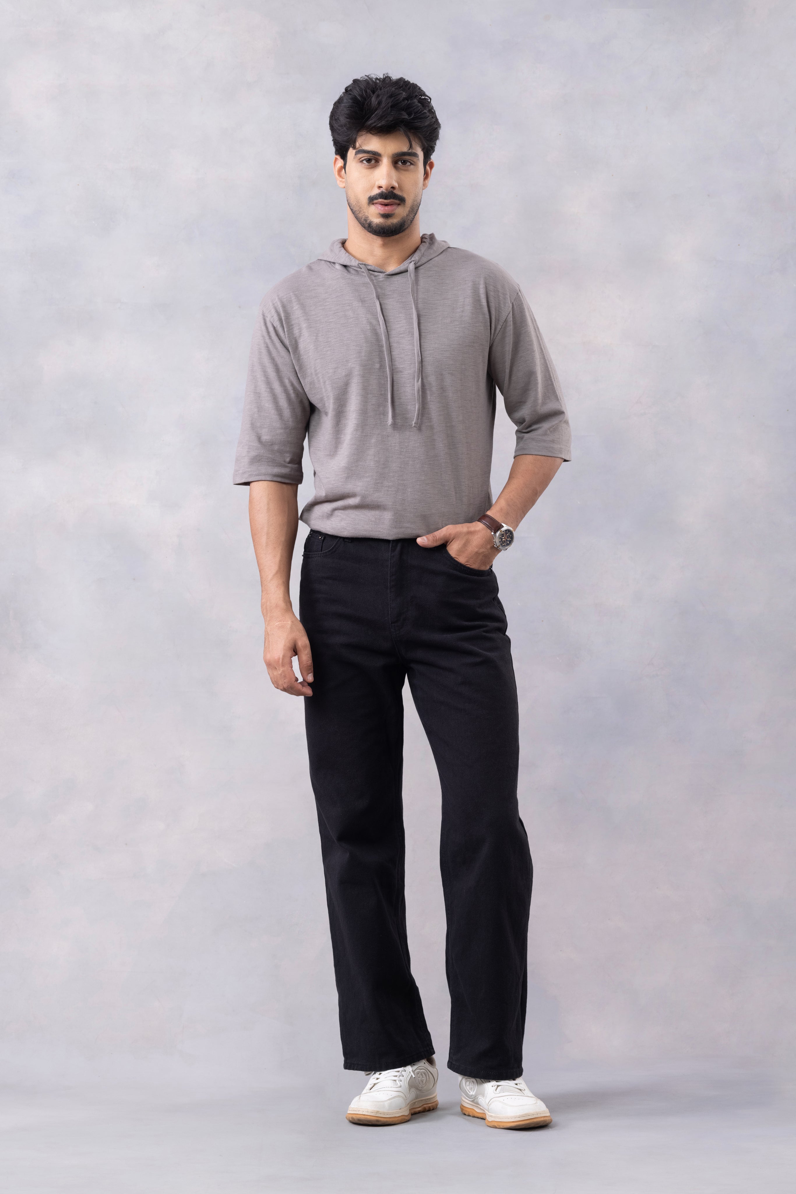 Grey Self Design Oversized Hooded T-Shirt