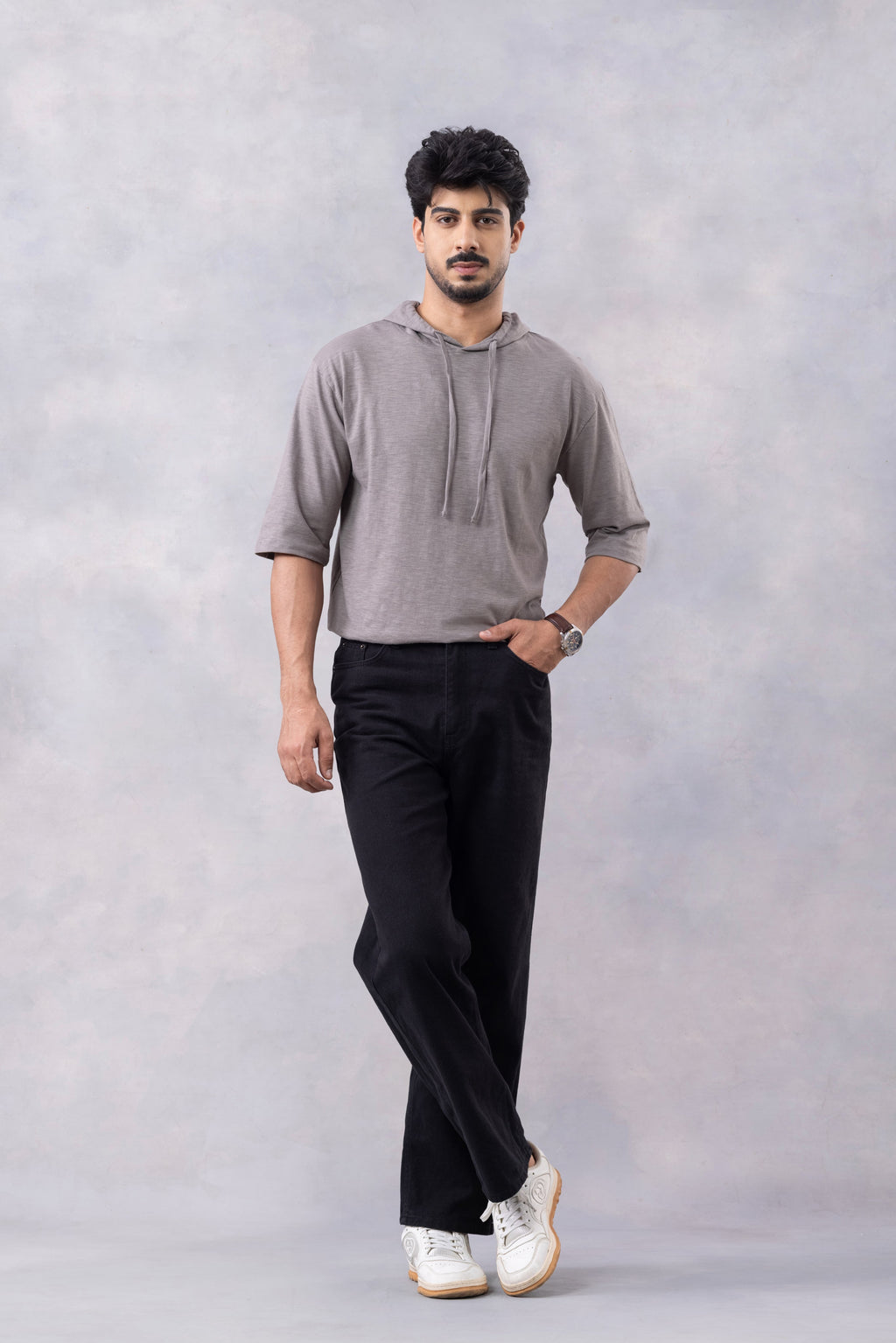 Grey Self Design Oversized Hooded T-Shirt