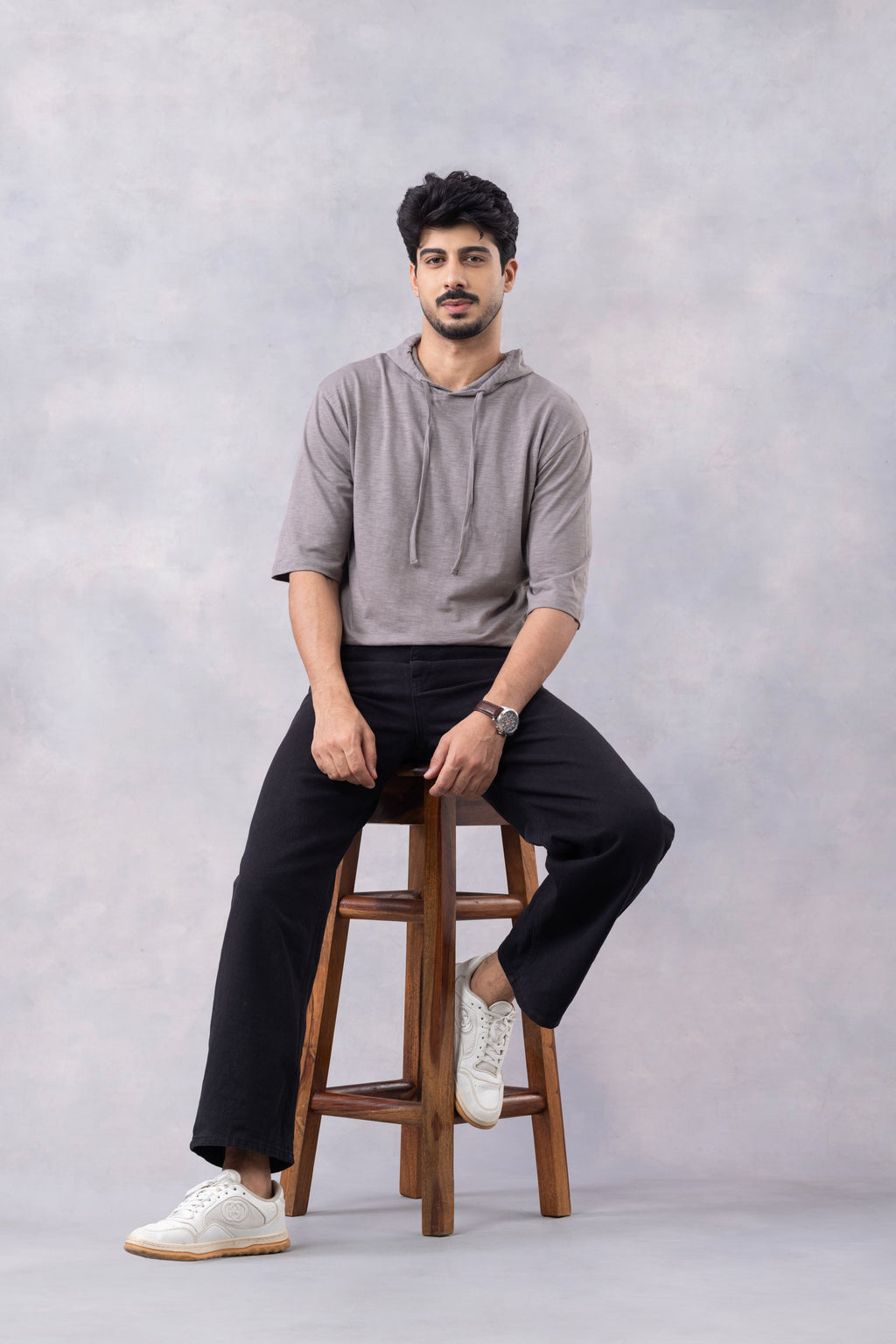 Grey Self Design Oversized Hooded T-Shirt