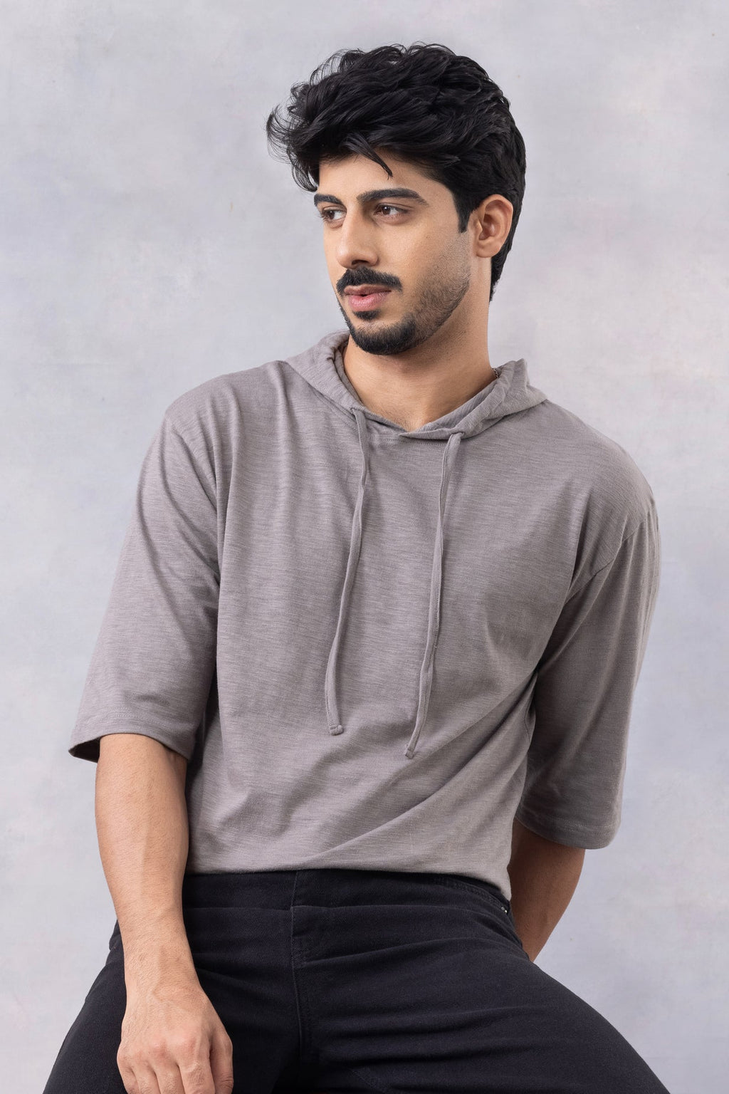 Grey Self Design Oversized Hooded T-Shirt