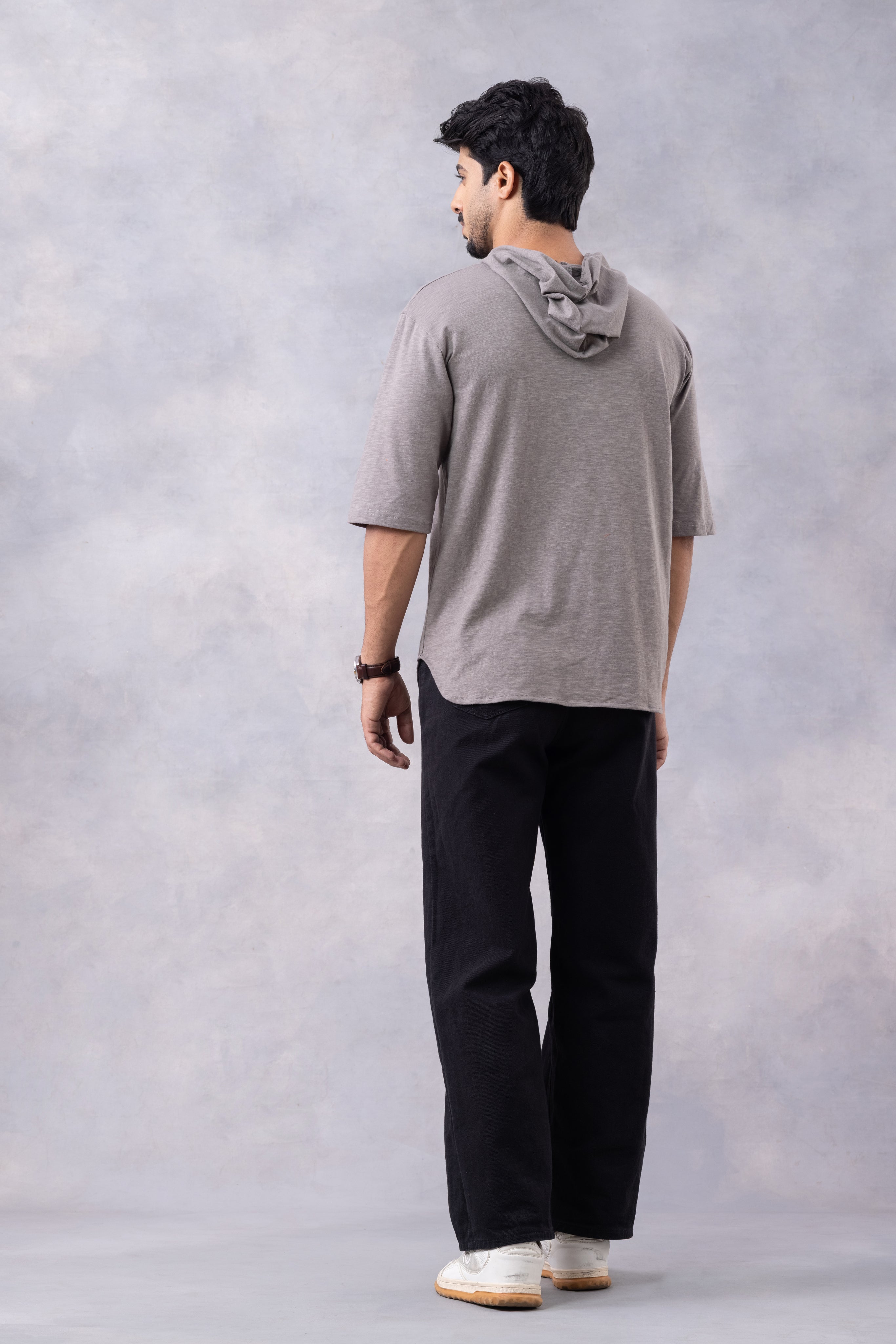 Grey Self Design Oversized Hooded T-Shirt