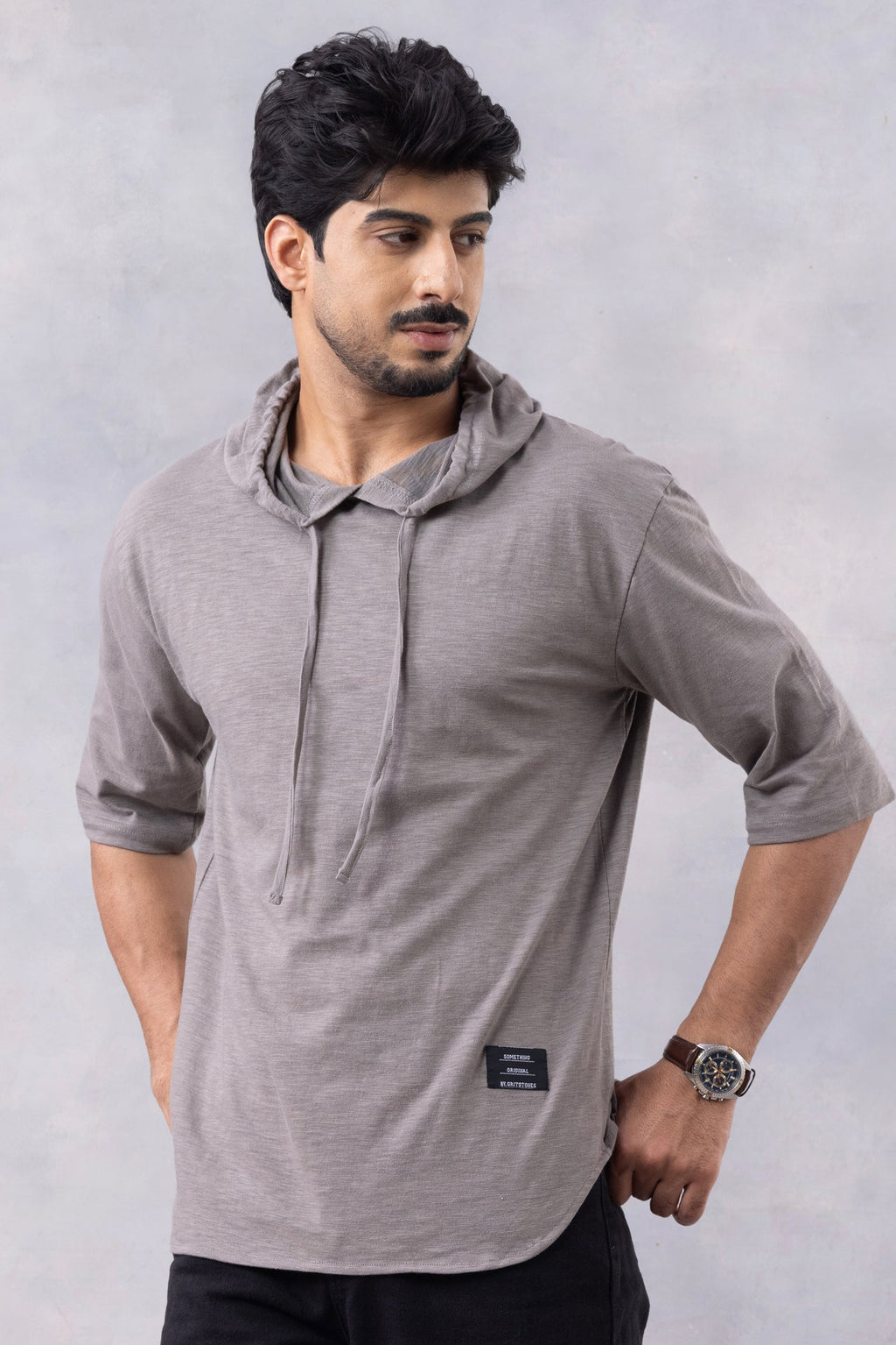 Grey Self Design Oversized Hooded T-Shirt