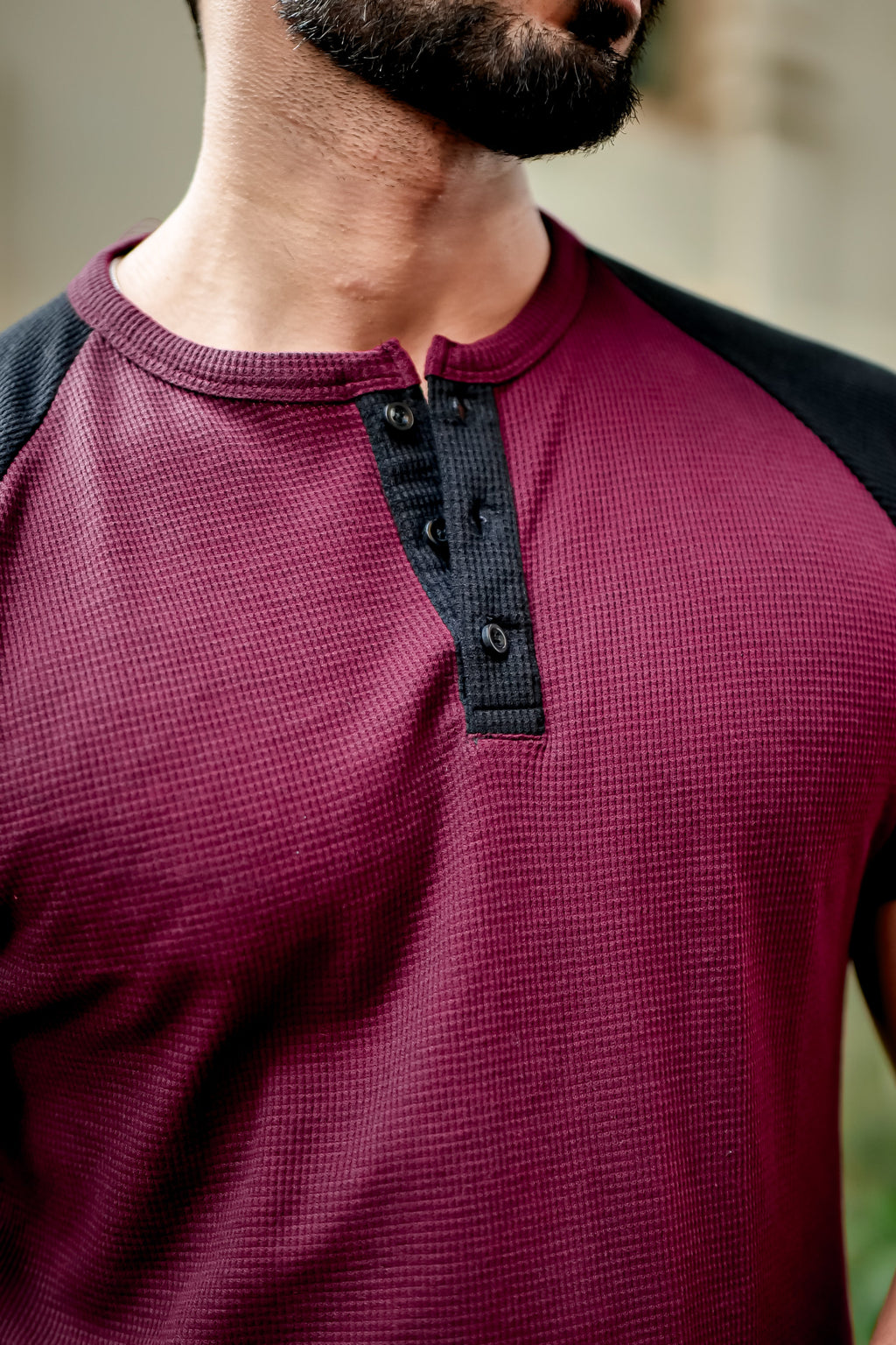 Wine Waffle Color block Raglan Henley T-Shirt