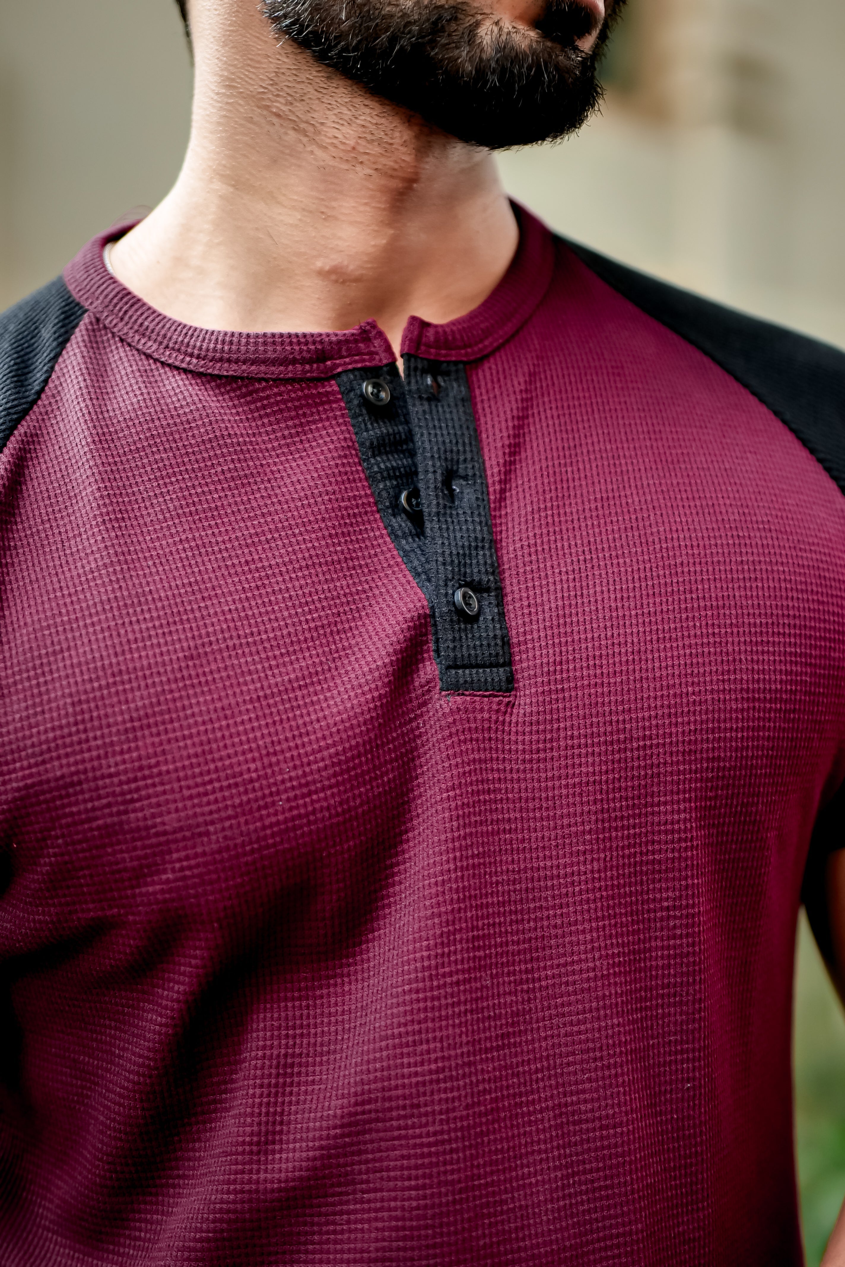 Wine Waffle Color block Raglan Henley T-Shirt