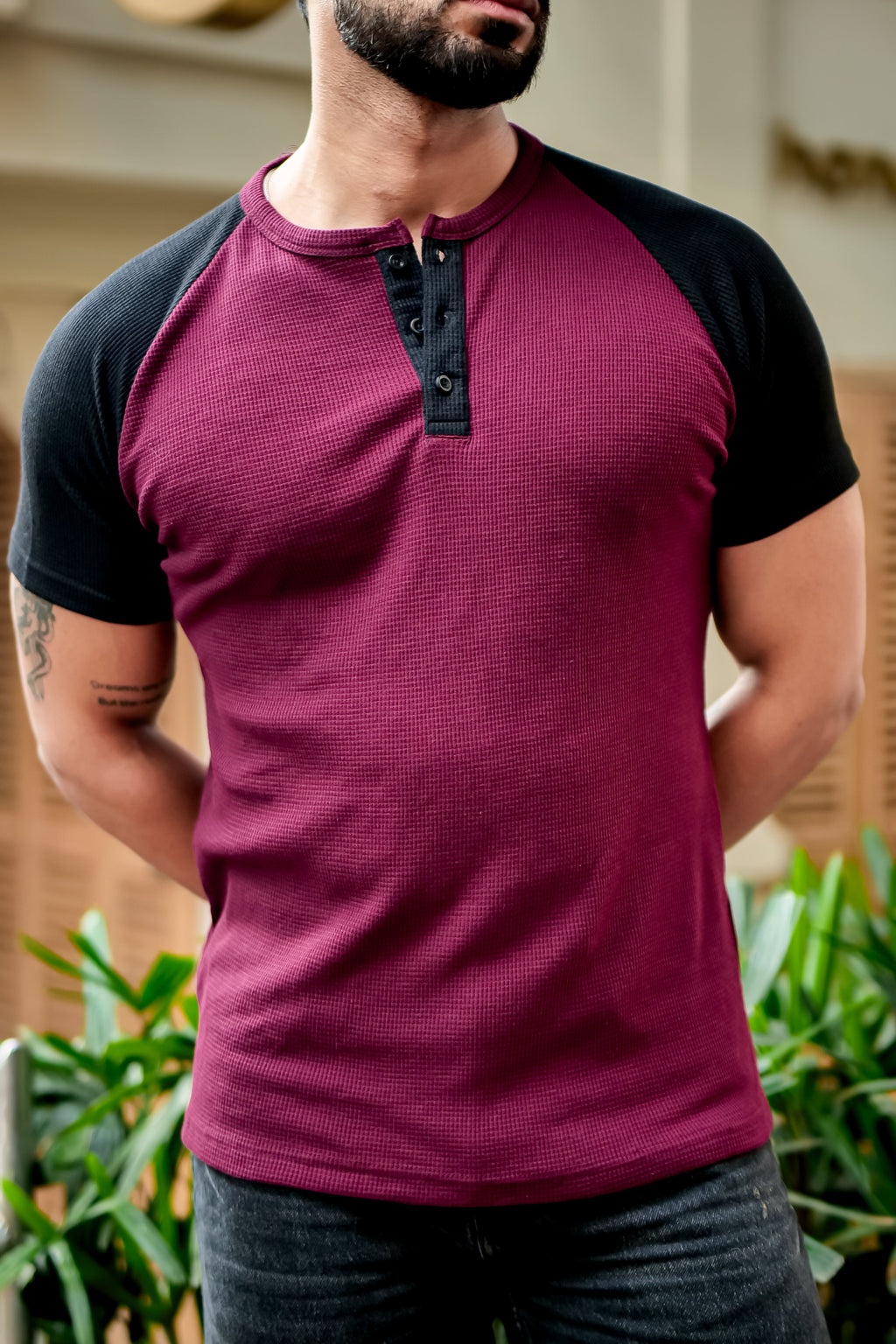 Wine Waffle Color block Raglan Henley T-Shirt