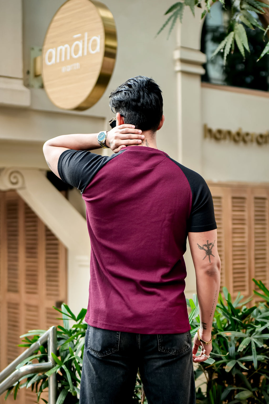 Wine Waffle Color block Raglan Henley T-Shirt