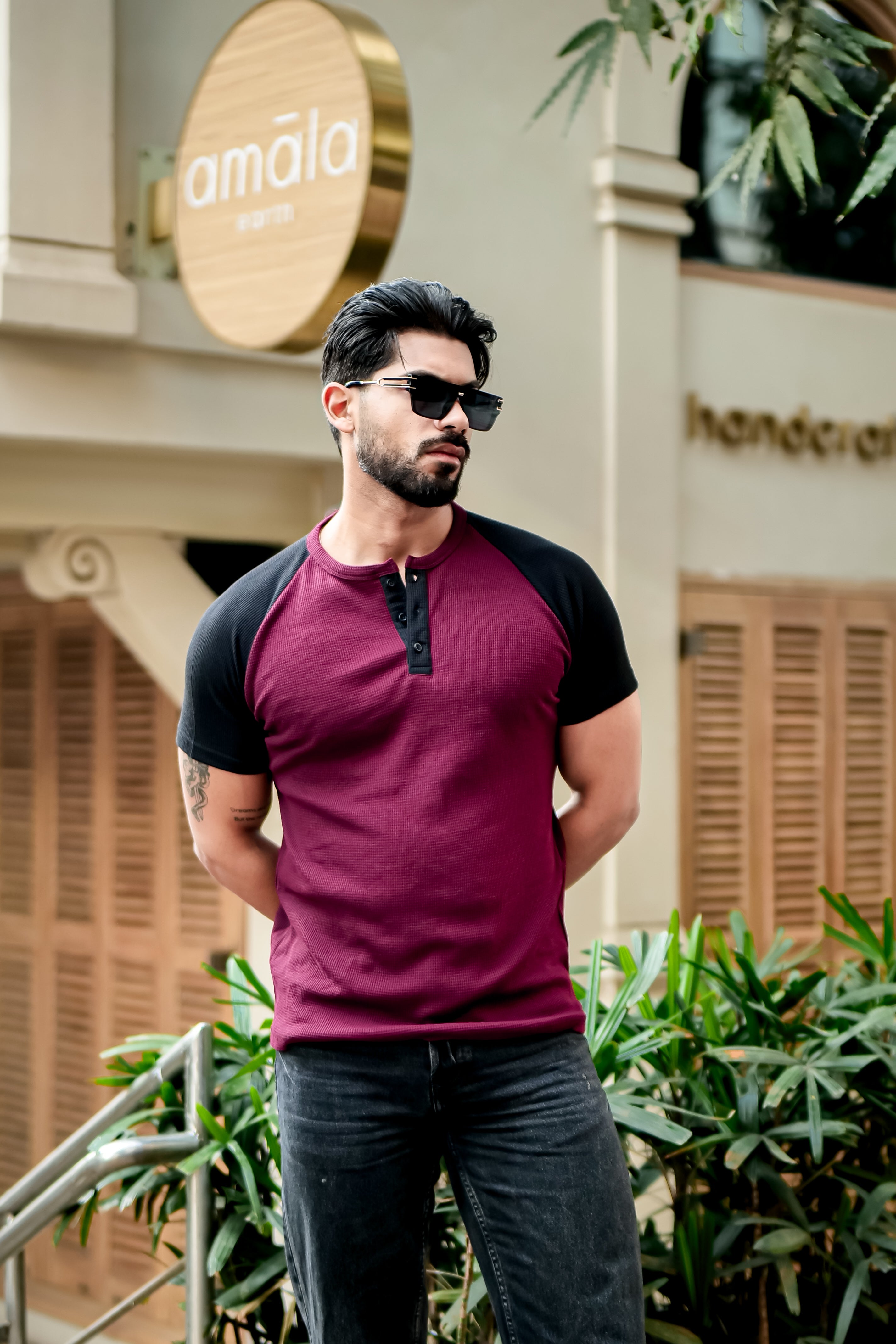 Wine Waffle Color block Raglan Henley T-Shirt