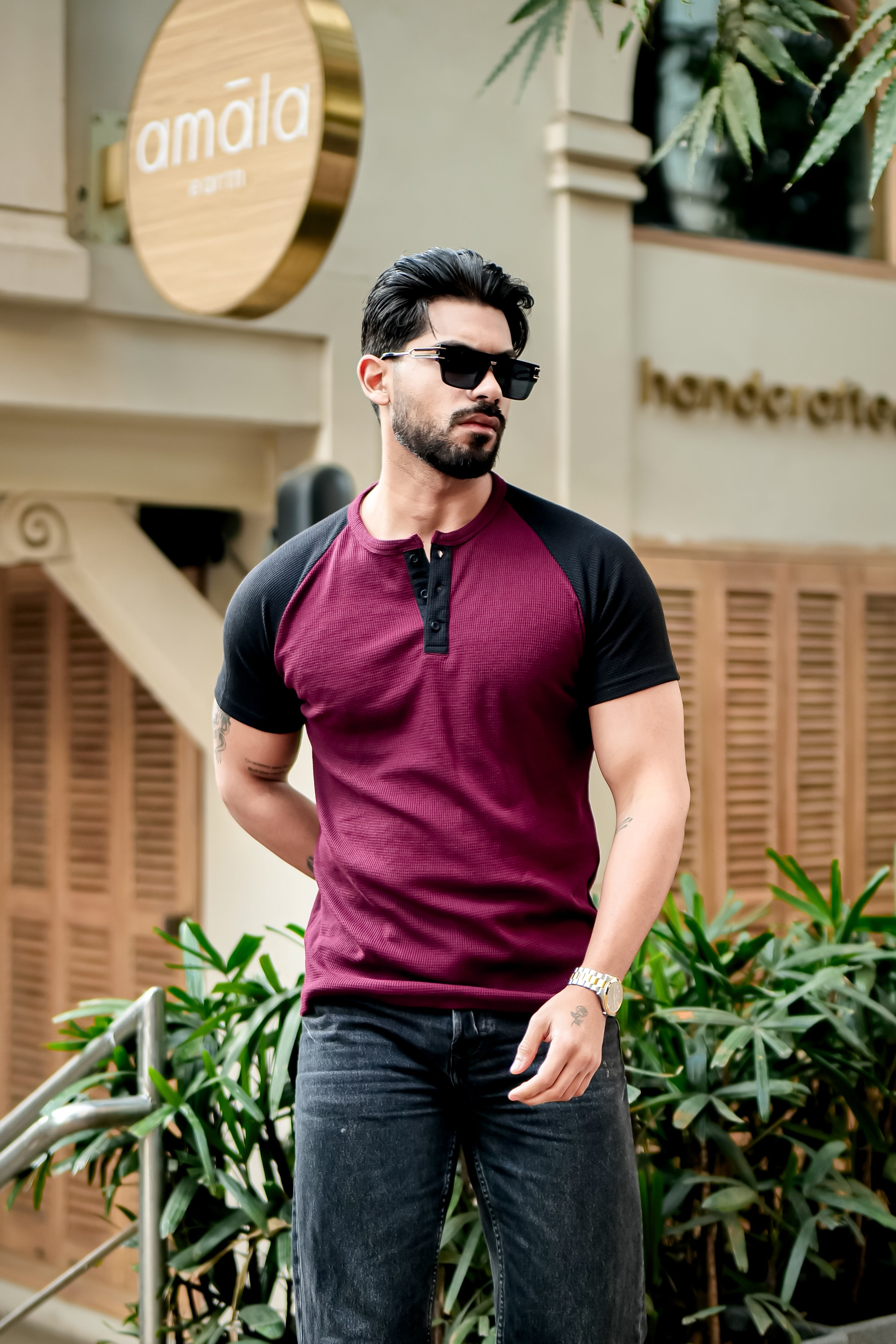 Wine Waffle Color block Raglan Henley T-Shirt