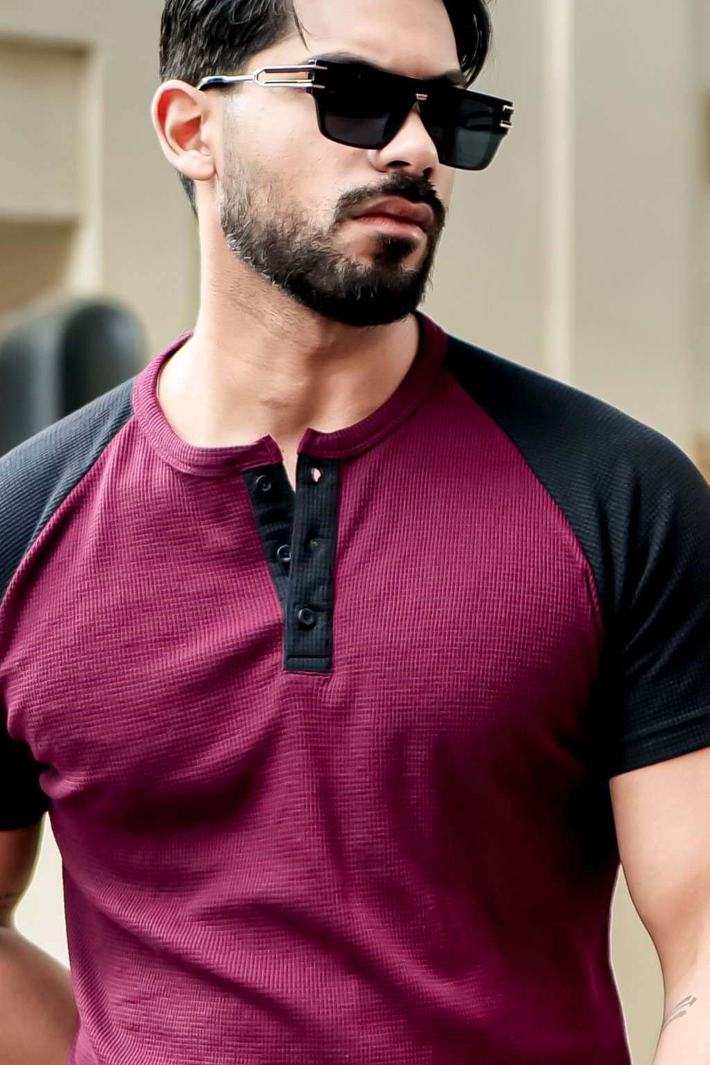 Wine Waffle Color block Raglan Henley T-Shirt