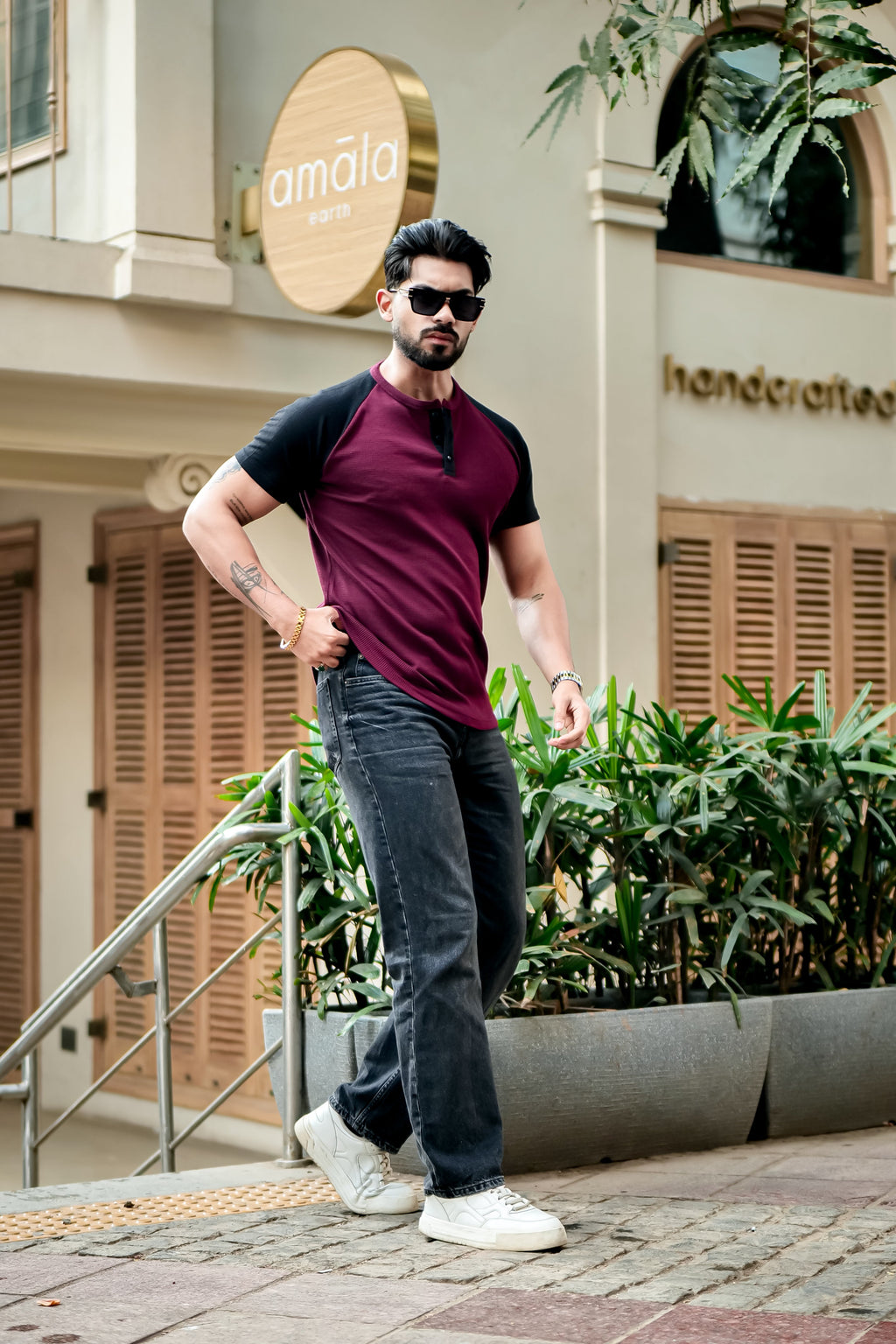 Wine Waffle Color block Raglan Henley T-Shirt